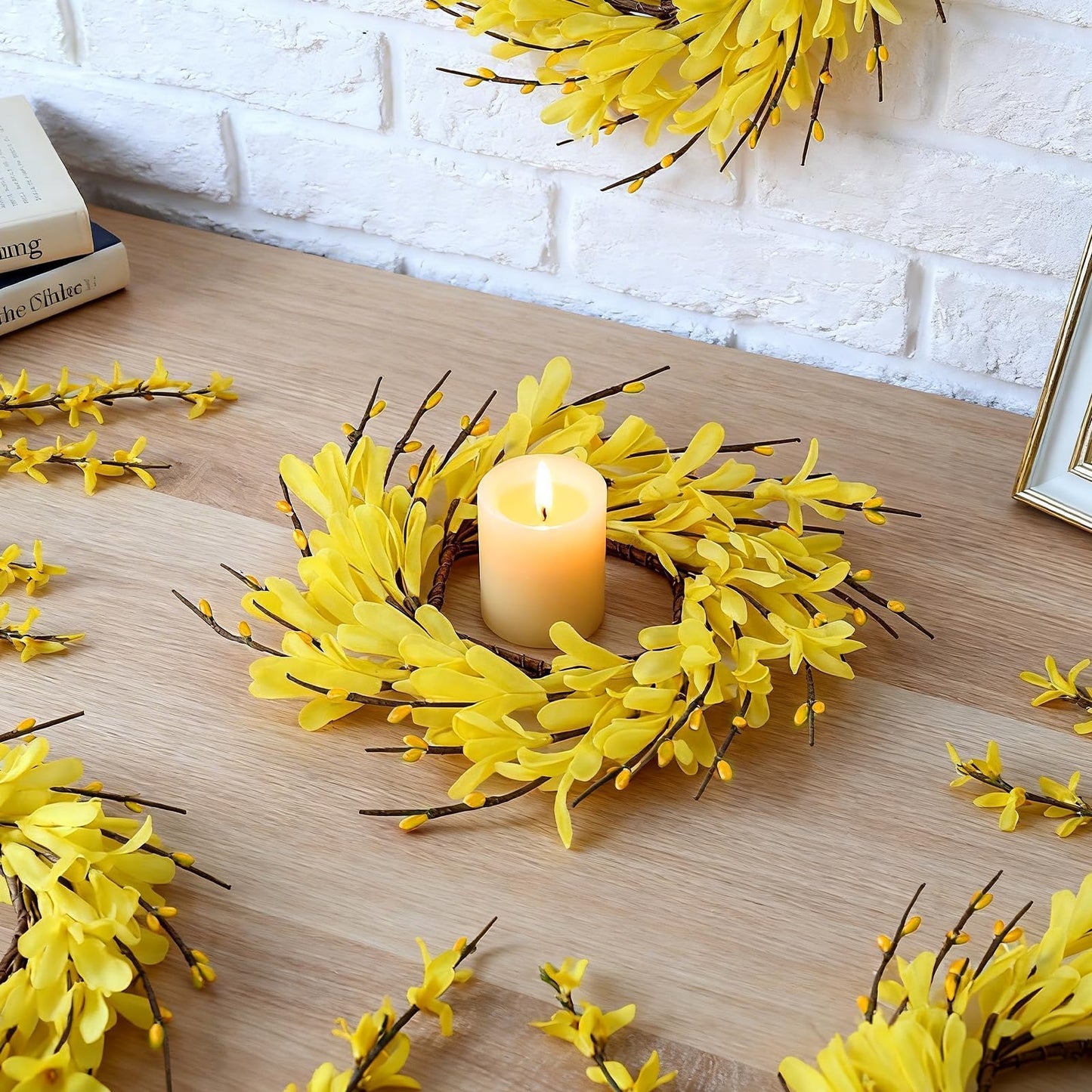 6 PCS Spring Forsythia Wreath Candle Rings Artificial Forsythia Farmhouse Candle Rings Pillar Holder Wreath Mini Spring Summer Floral Candle Rings for Rustic Wedding Home Table Centerpiece Decor