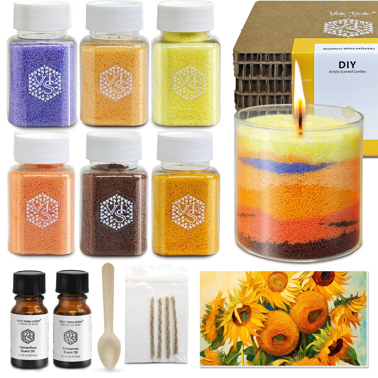 Golden Wheatfield DIY Pearled Candle Sand Set - 11 Oz Sand Wax Beads (6 Colors), 2x10ml Scented Essential Oils, 4 Reusable Wicks, Glass Cup & Spoon, Home Decor & Handmade Gift & Craft Enthusiasts