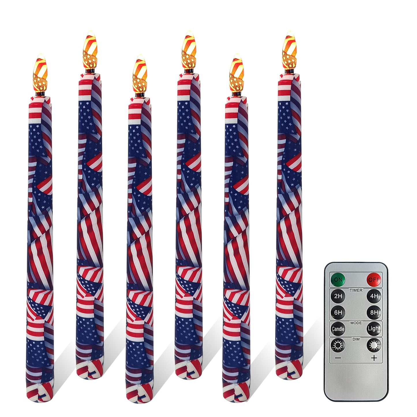 6PCS Patriotic US Flag Stars and Stripes Flameless Taper Candles, 11 Inch LED Candlesticks Battery Operated with 11-Key Remote and Timer, 3D Flickering Flame Lights for Wedding Party Home Decor Gifts