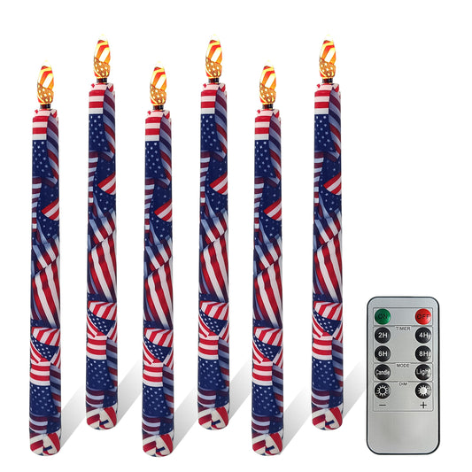 6PCS Patriotic US Flag Stars and Stripes Flameless Taper Candles, 11 Inch LED Candlesticks Battery Operated with 11-Key Remote and Timer, 3D Flickering Flame Lights for Wedding Party Home Decor Gifts