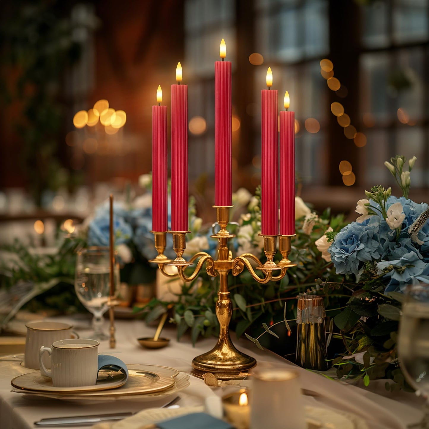 West Ivory 12 Pack, 10" LED Flameless Red Fluted Ribbed Grooved Taper Candles, Remote & 24h Timer Memory, On/Off Button, Dimmable, Flicker Mode, Battery Operated, Christmas Menorah Wedding