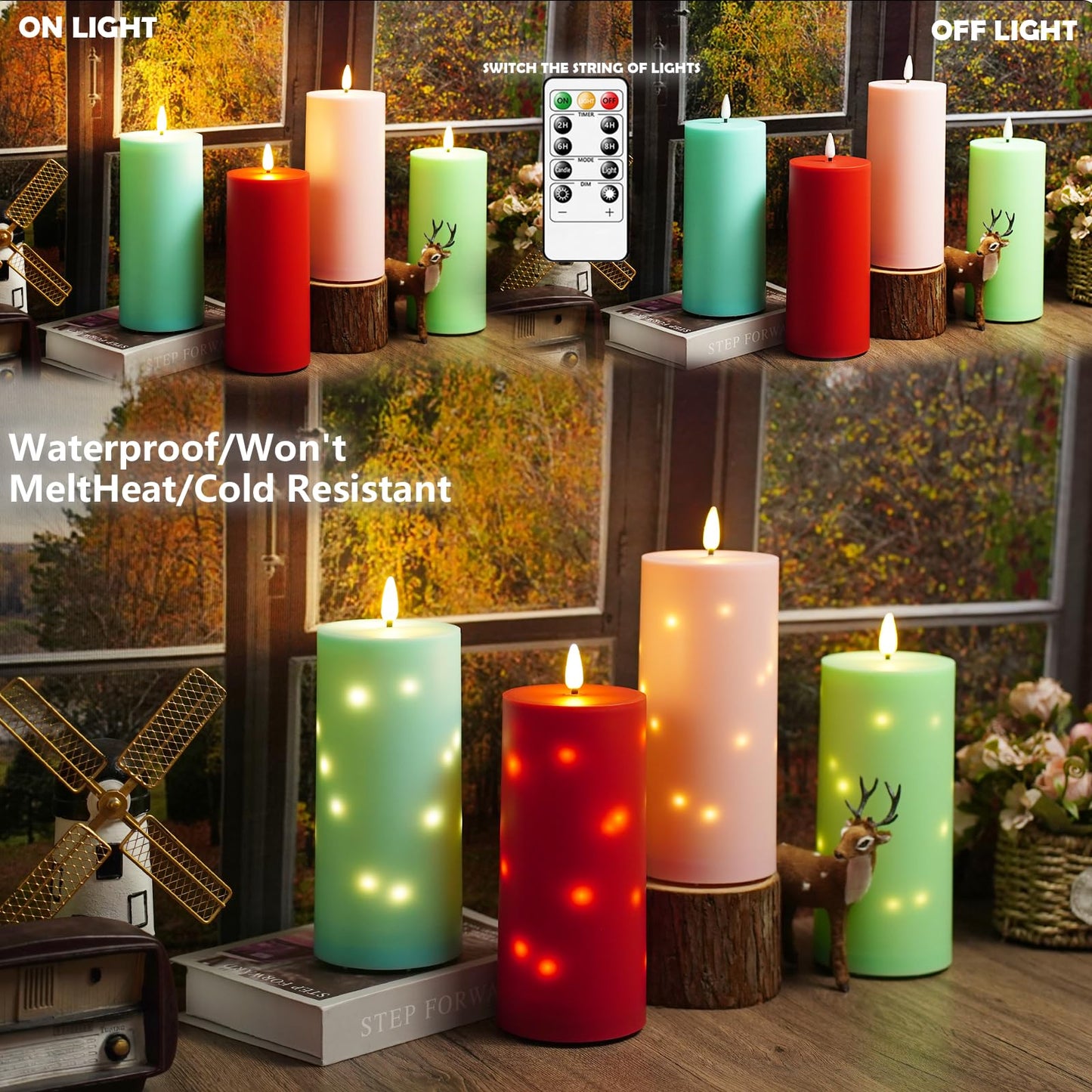 kakoya 10" x 4" Large Outdoor Waterproof Flickering Flameless Candles with Timer,2Pcs Battery Operated LED Pillar Candles with Embedded Star String for Outdoor Lanterns,Porch,Patio Decor(Green)