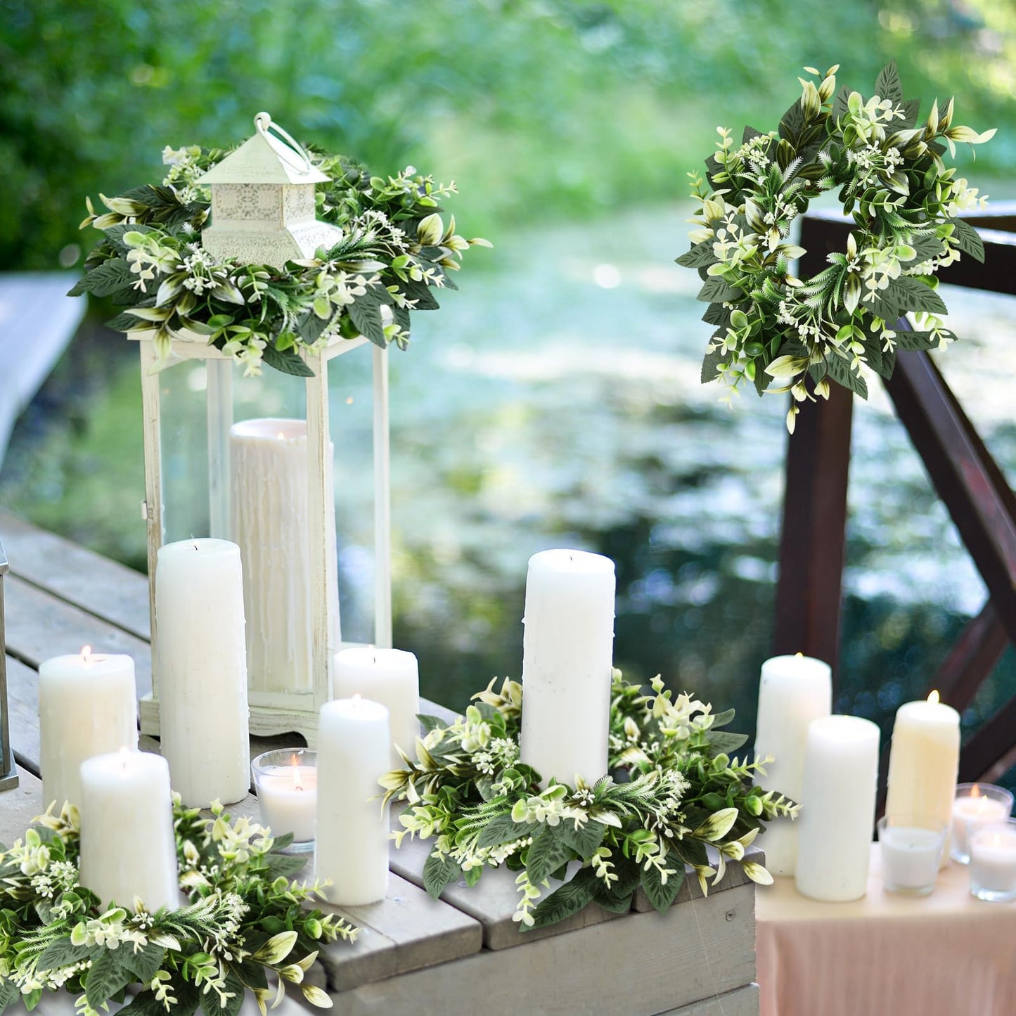 4 Pcs Eucalyptus Candle Ring 4 Inch Center Mini Kitchen Cabinet Wreaths Artificial Small Green Leaves Wreaths Garland Pillar Holder for Home Door Window Farmhouse Wedding Party Table Centerpiece Decor