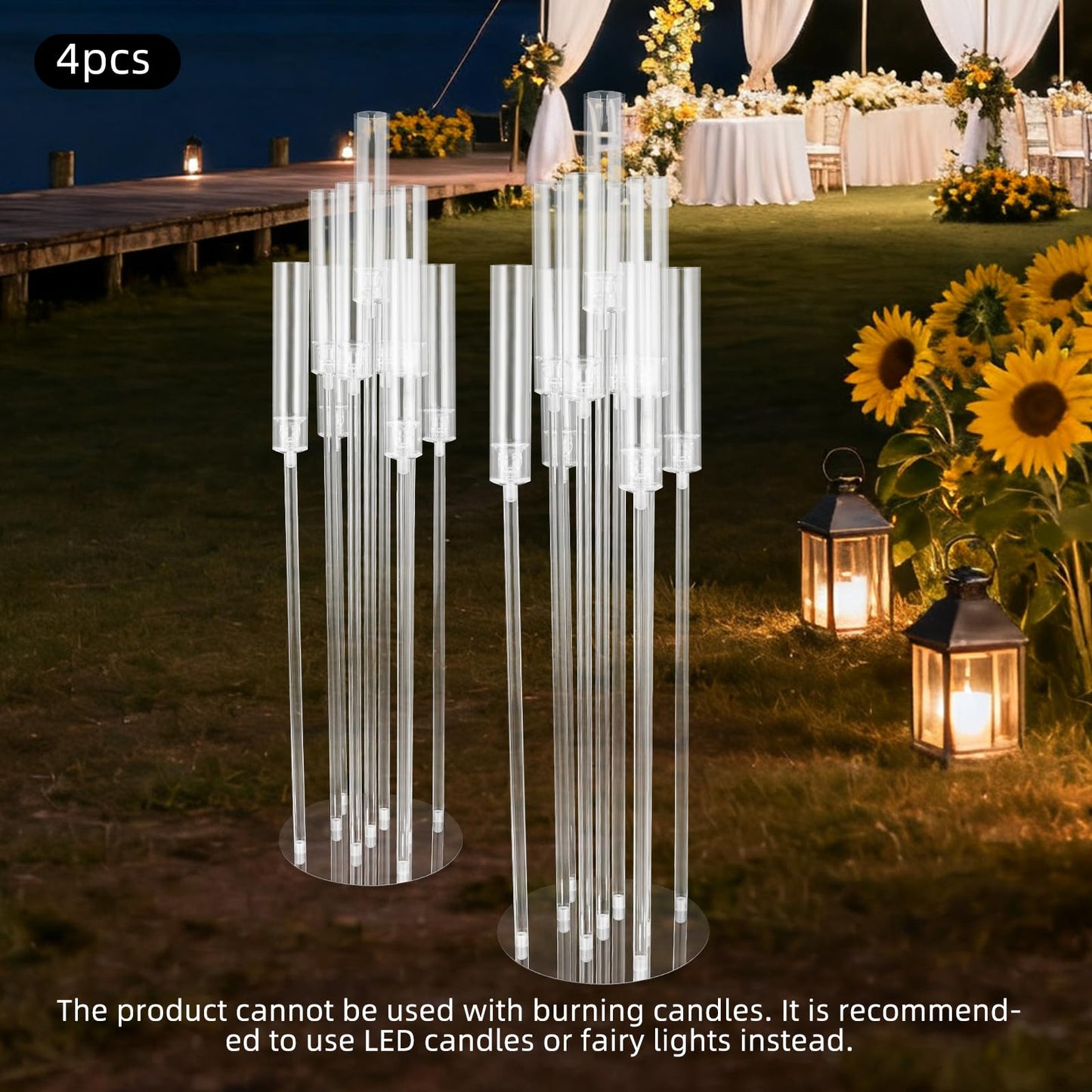 4Pcs 9 Arms Acrylic Candle Holder, Clear Candlestick Holder w/Acrylic Shade, 42.5In Tall Crystal Tapered Candle Holders Centerpieces w/Rectangular Base for Home Wedding Party (4 Pcs 9 Arms Type B)