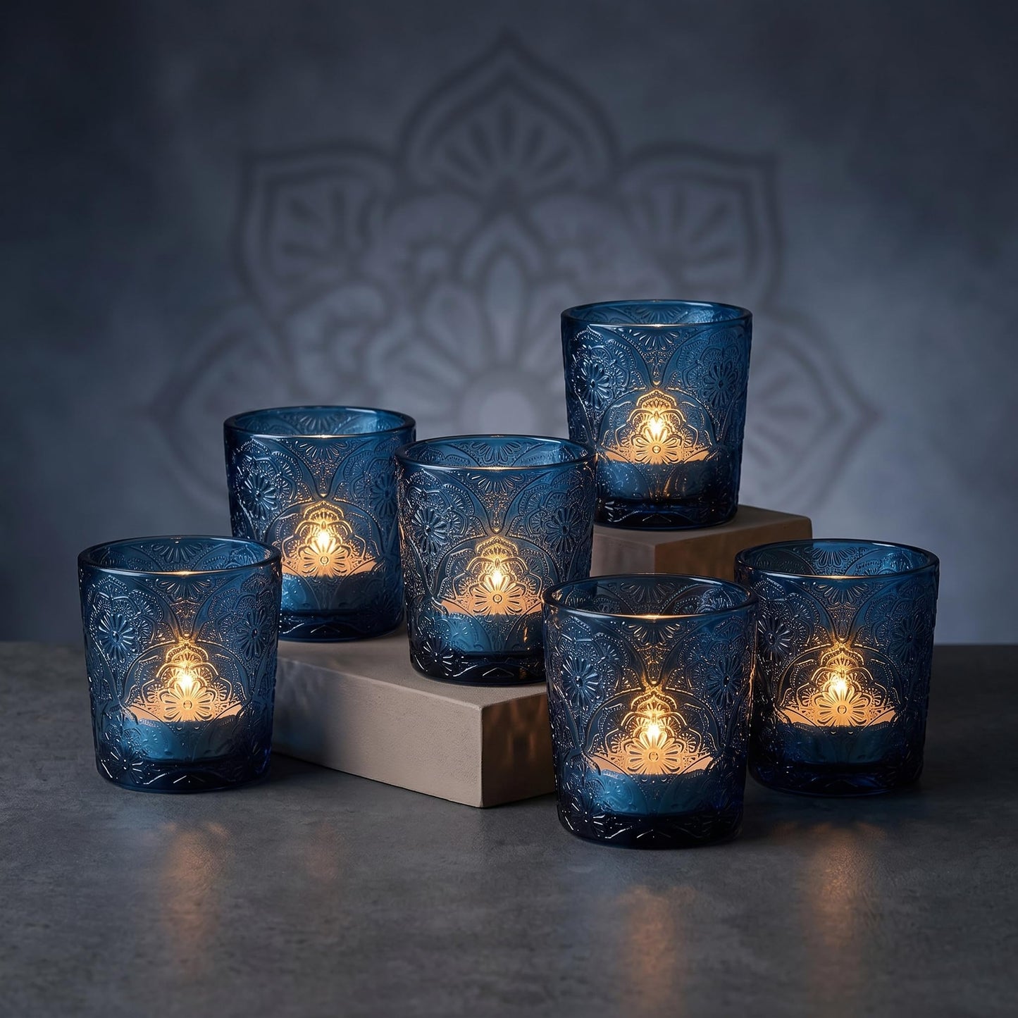 6 Pack Mandala Embossed Glass Candle Holders – Votive Tealight Holders with Patent Design, Decorative Embossed Glass Cups for Wedding Centerpieces, Parties, and Home Décor (Ocean Blue)