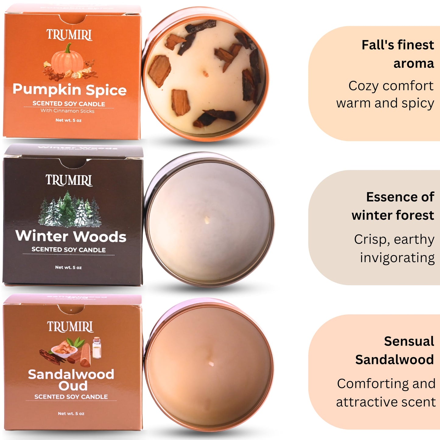 Winter Woods, Pumpkin Spice, Sandalwood Oud - Soy Candles Non Toxic - Highly Scented Long Lasting with Essential Oils - Variety Pack of 3 x 5oz - for Home Aromatherapy Meditation Gift Travel