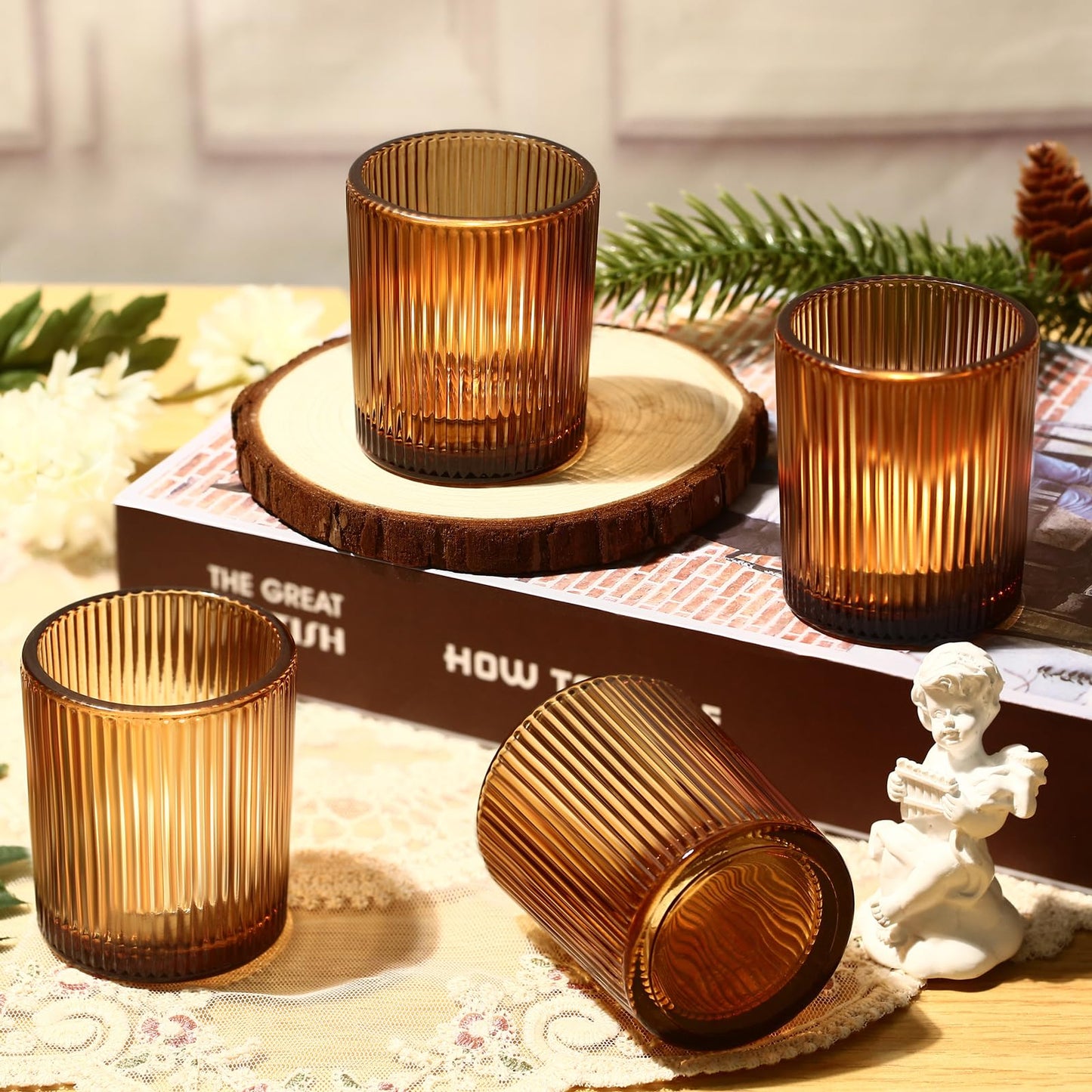 24 Pack Amber Votive Candle Holders Thanksgiving Decor, Glass Small Tea Lights Candle Holders for Table Centerpiece for Home Decor Party Fall Boho Decor(24,Amber)