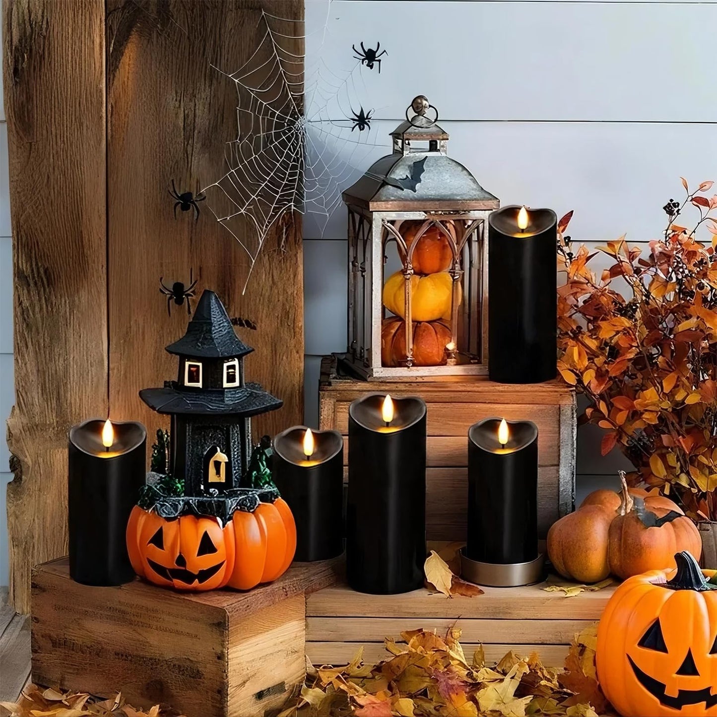 Amagic Black Halloween Flameless Candles with Remote, Waterproof Outdoor Candles Battery Operated with Timer, Plastic Flickering LED Pillar Candle for Holiday, Theme Party, Pumpkin Decor, Set of 5