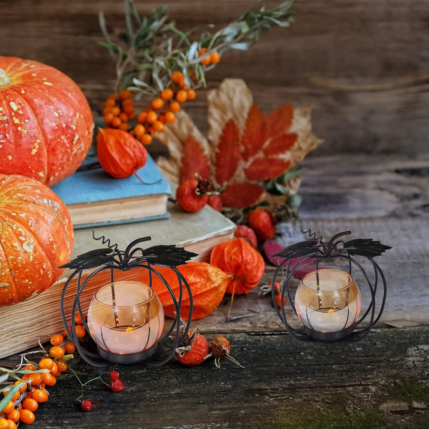 Pumpkin Glass Votive Candle Holder, Set of 2, Decorative Matte Black Iron Tea Light Candle Holder for Home Décor, Thanksgiving Decoration, Halloween Table Decor