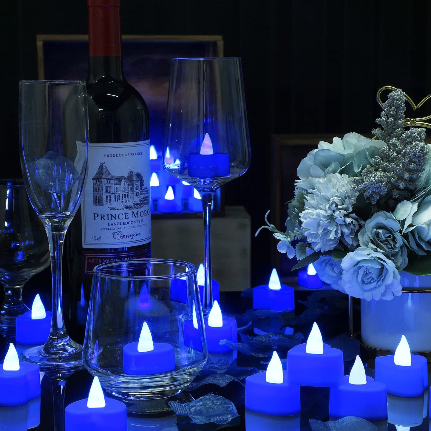 Coume 6000 Pieces Artificial Rose Petal 72 Pieces LED Tealights Candle, Romantic Decorations Special Night Rose Petal Heart Candle for Valentines Wedding Anniversary Proposal Decor(Blue Light)