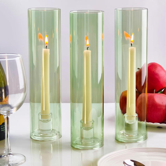 Vixdonos Glass Hurricane Candle Holder Set of 3 Modern Candlestick Holders Long Taper Candle Stand with 11.8 inch Tall Cylinder Windproof Cover for Wedding Party Table Centerpiece Outdoor