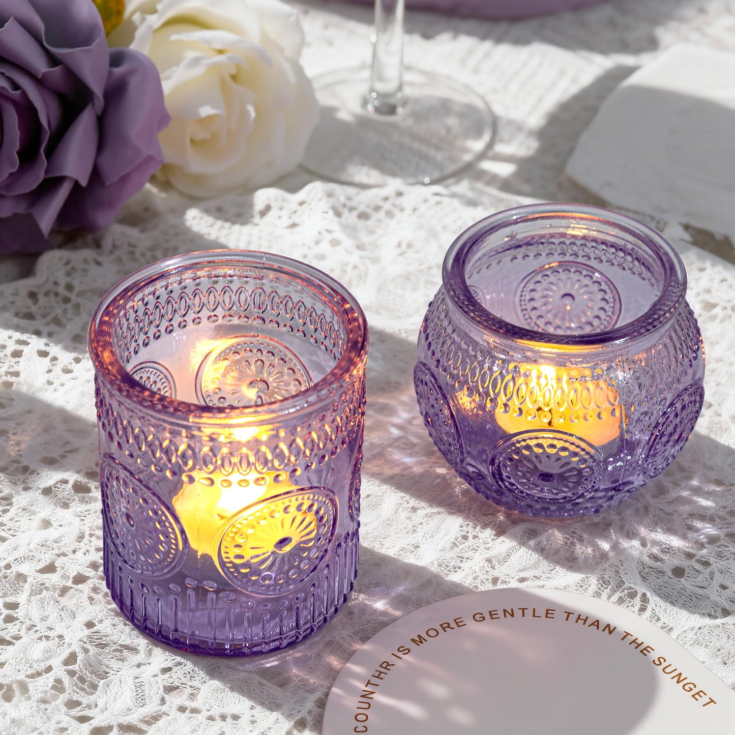 WELLIFE 24-Piece Purple Glass Votive Candle Holders Set – Tealight Candle Holder Glass Bulk with 12 Round & 12 Sunflower Textured Cups, Purple Votive Candle Holders for Weddings, Parties, Home