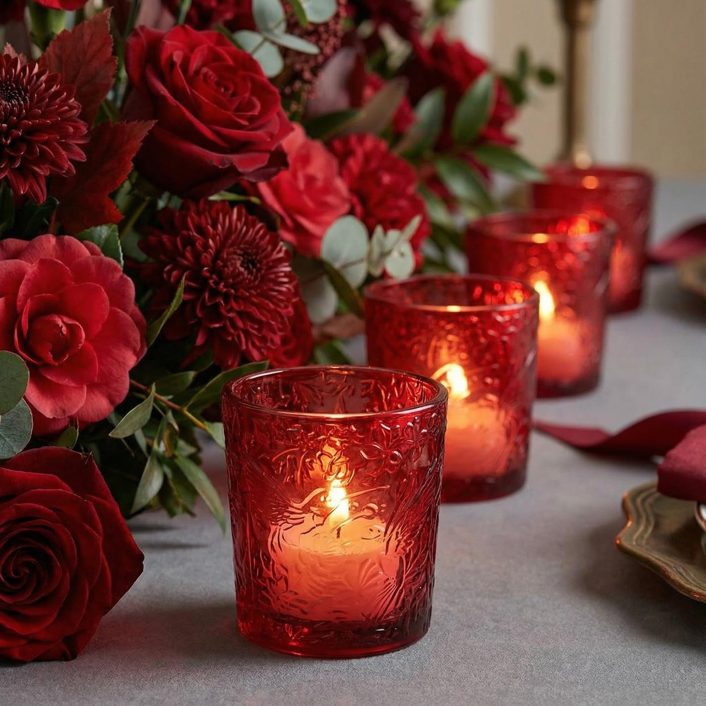 6 Pack Hummingbird Embossed Glass Candle Holders Votive Tealight Holders with Patent Design, Decorative Cups for Wedding Centerpieces, Parties, and Home Decor (Crimson Glow)
