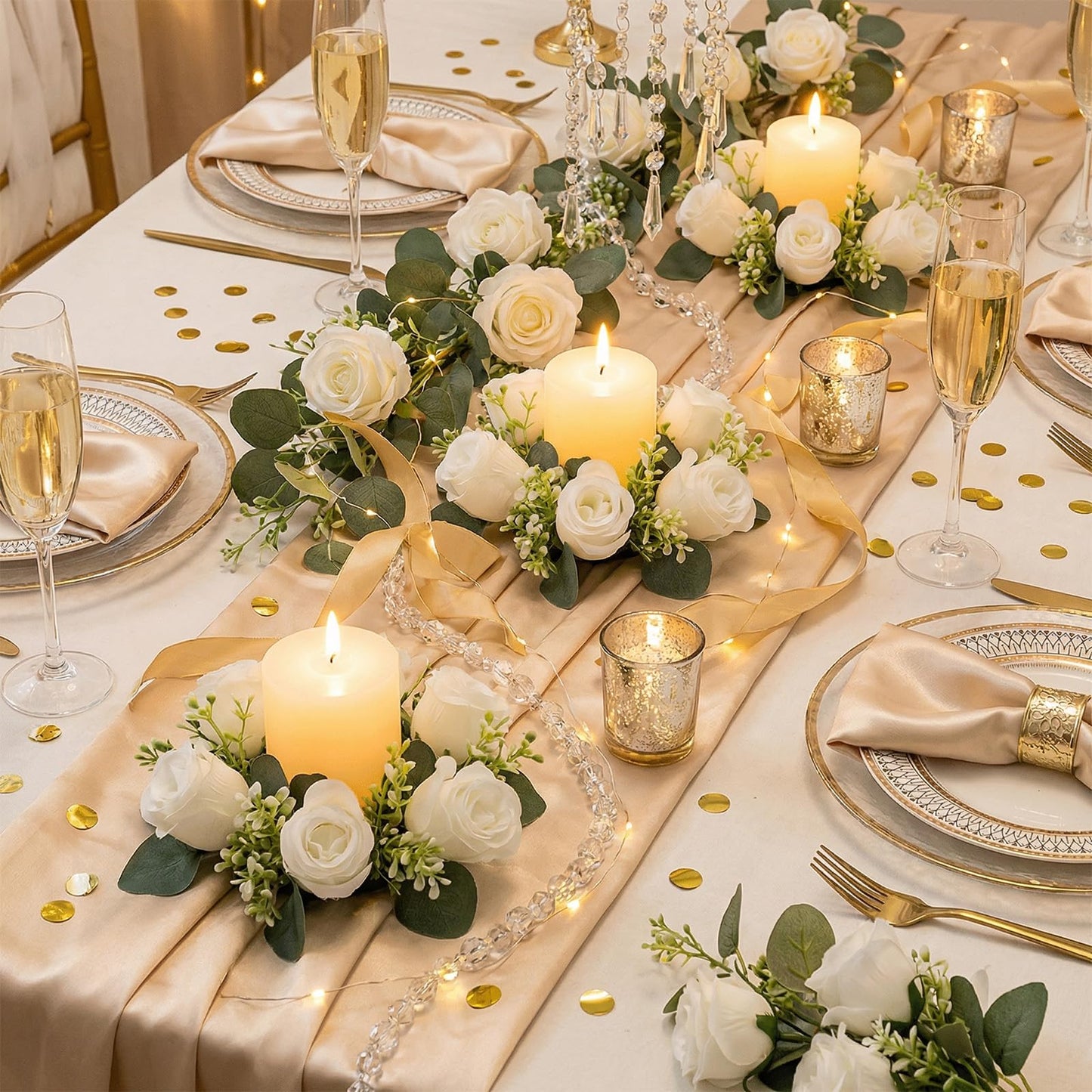 A Set of 6 White Rose Candle Wreath Rings with Artificial Floral Candle Holders and Wreaths, Ideal for Wedding Centerpieces for Tables, Party Candle Arrangement Setups