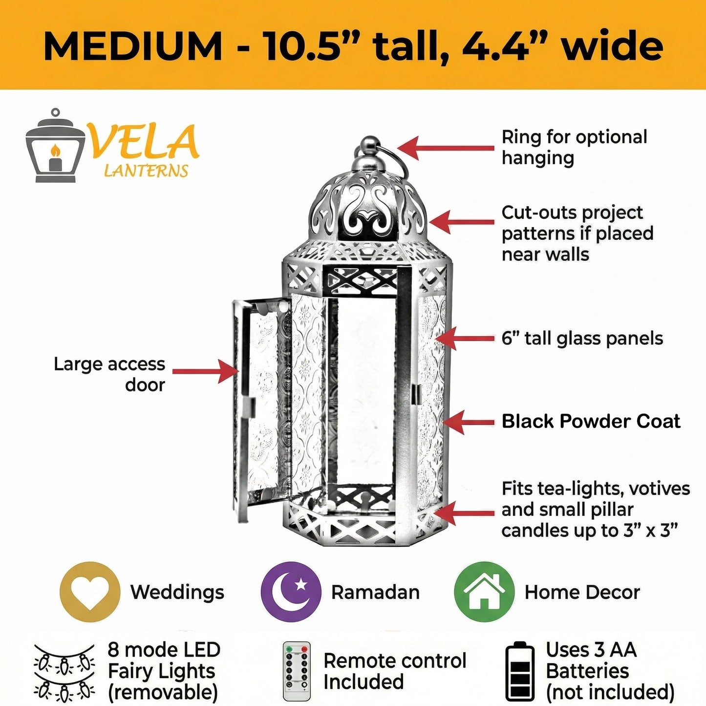 Vela Lanterns Decorative Indoor Moroccan Candle Holder & LED Fairy Lights -Twinkle Turkish Lamp, Fantasy Home Decor Table Centerpieces, Hanging Outdoor Patio Porch Wedding Ramadan (10.5", Cobalt)