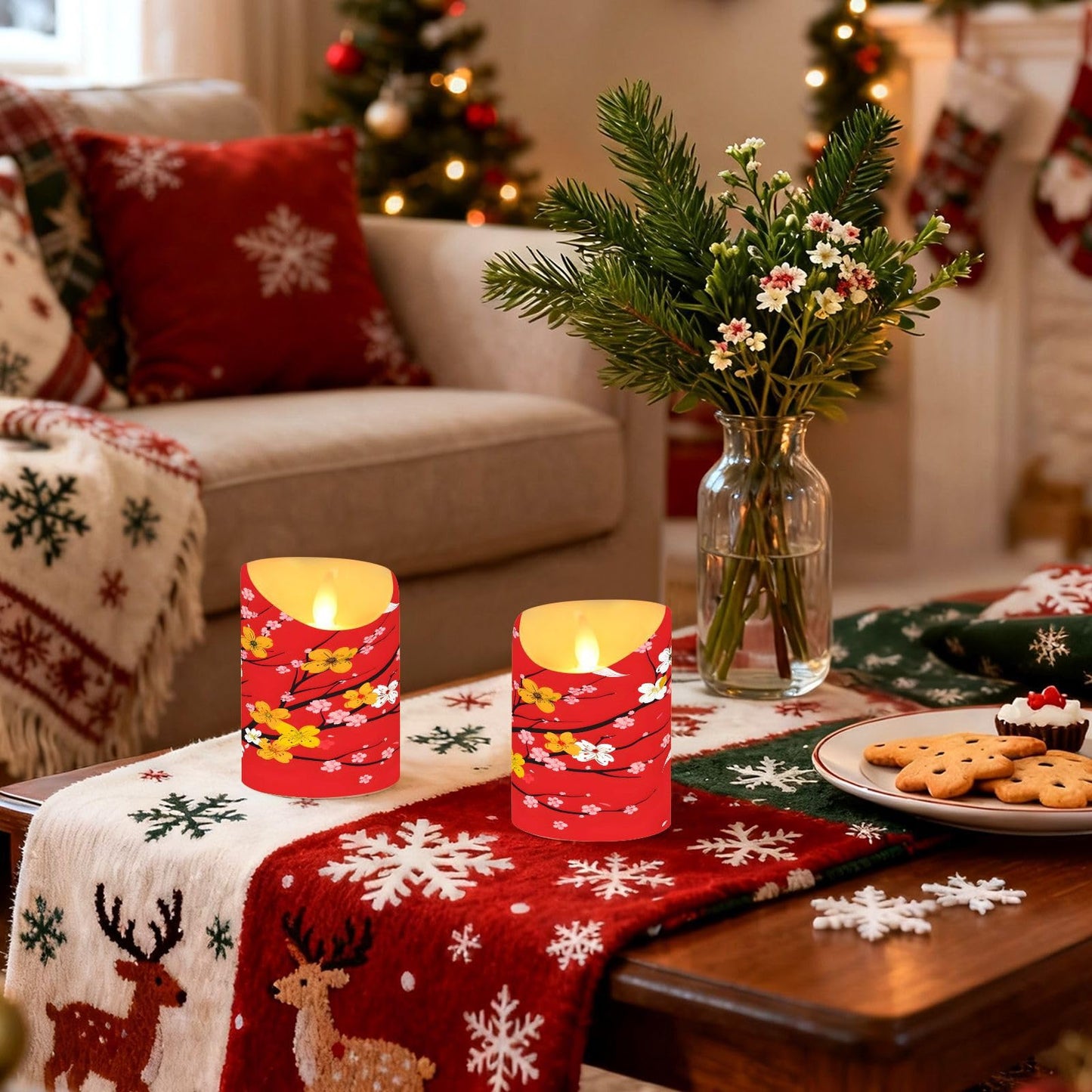 ALAZA Red Cherry Blossom Japanese01 Flickering Flameless Candles Battery Operated with Remote Timer,Tea Light Candles LED Pillar Votive Set of 2 for Outdoor Indoor Decorations 3" x5.9"
