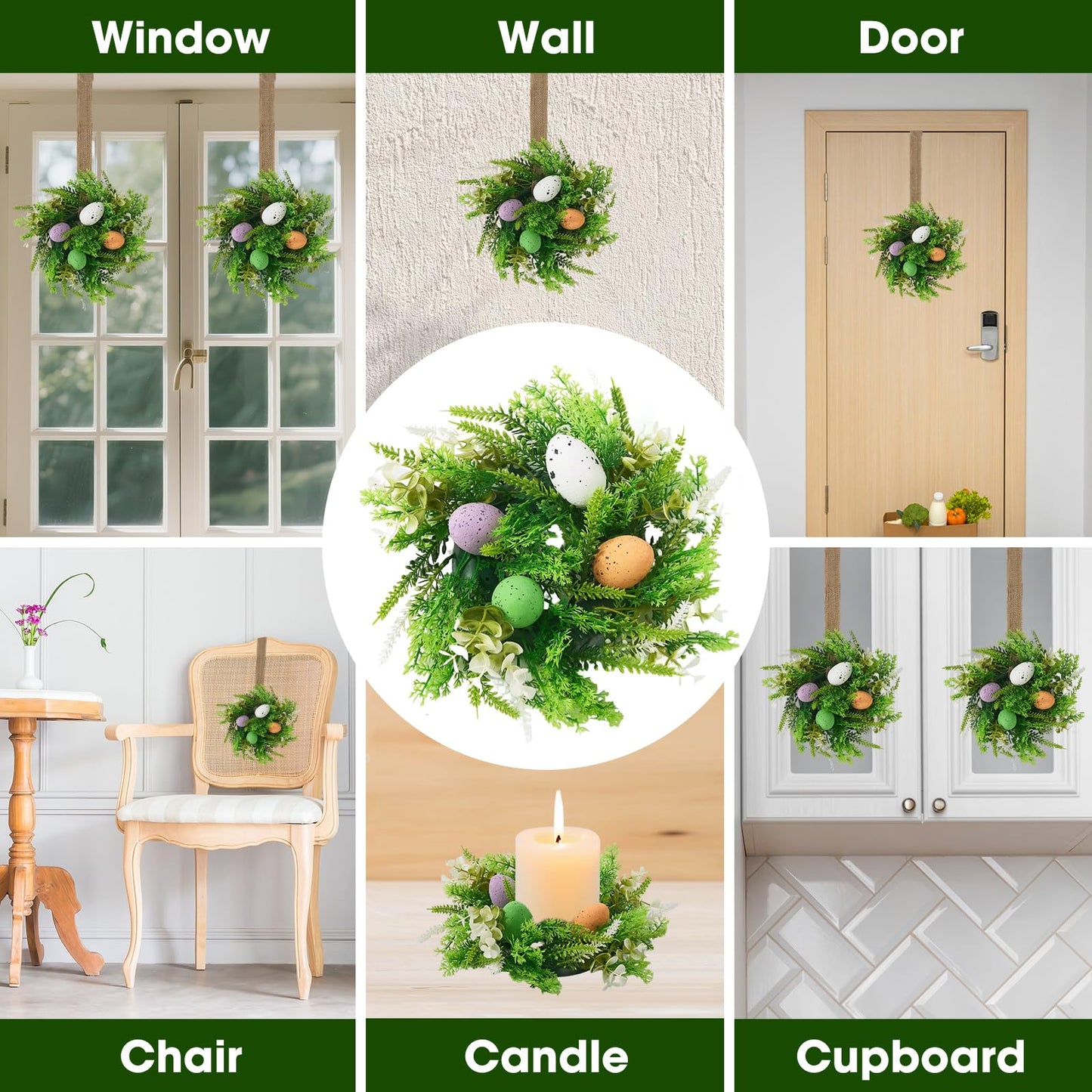 Easter Wreath 4Pcs, 11.8 Inch Easter Wreath with Ribbon, Artificial Egg Lily Green Plants Wreath, Hanging/Tabletop/Candle Ring Decor for Home Front Door, Porch, Wall, Window, Cabinets