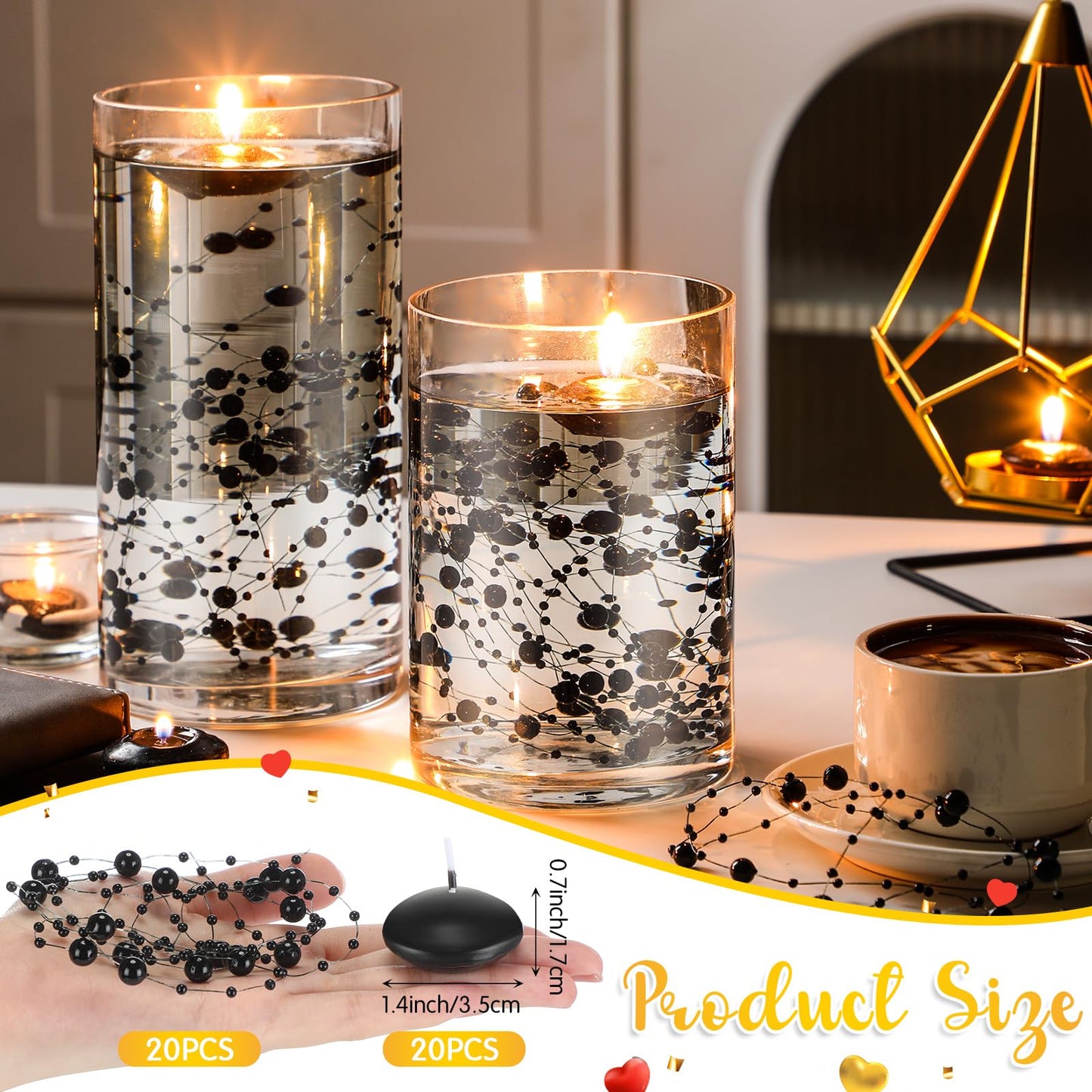 Fumete 40 Pcs Black Floating Candles with Pearl Strings, Small Unscented Floating Candles Centerpiece for Night Events, Gothic Party Table Decor, Wedding, Anniversary, Birthday, Modern Home Decor