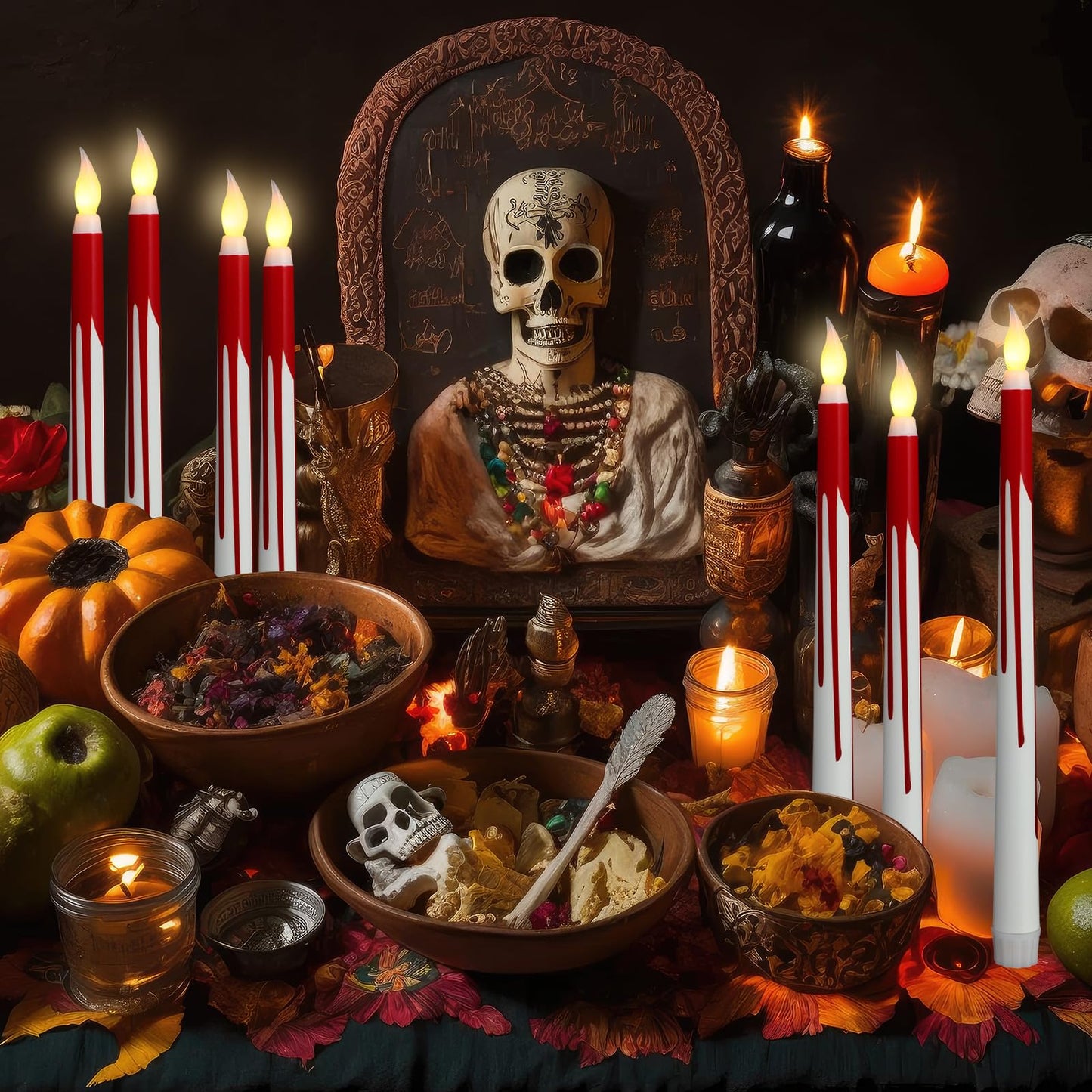 Kittmip 6 Pcs Halloween Flameless Taper Candles 11 Inch Long Red White Battery Operated LED Bloody Candles Haunted Table Centerpiece for Holiday Party Table Decor