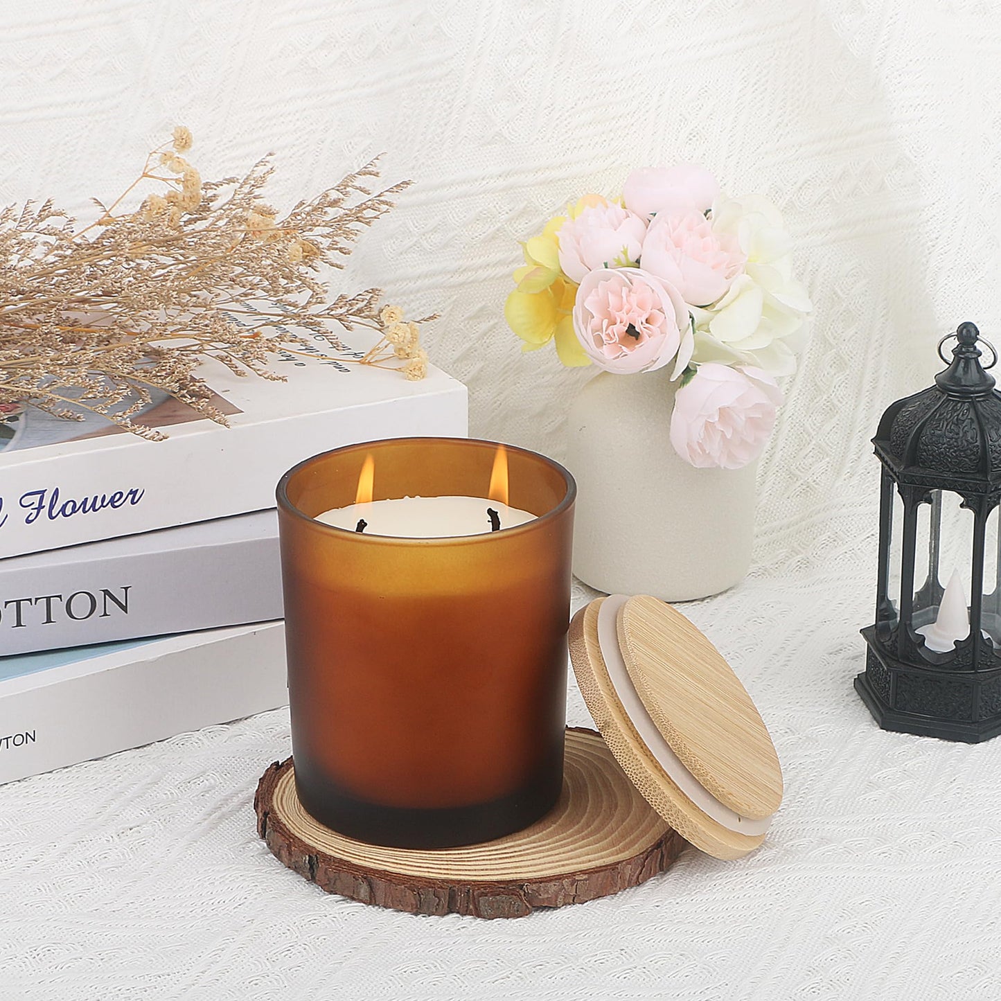 MILIVIXAY 12Pack 12 OZ Frosted Amber Thick Glass Candle Jars with Lids - Bulk Empty Candle Jar for Making Candles - Spice, Powder Containers.