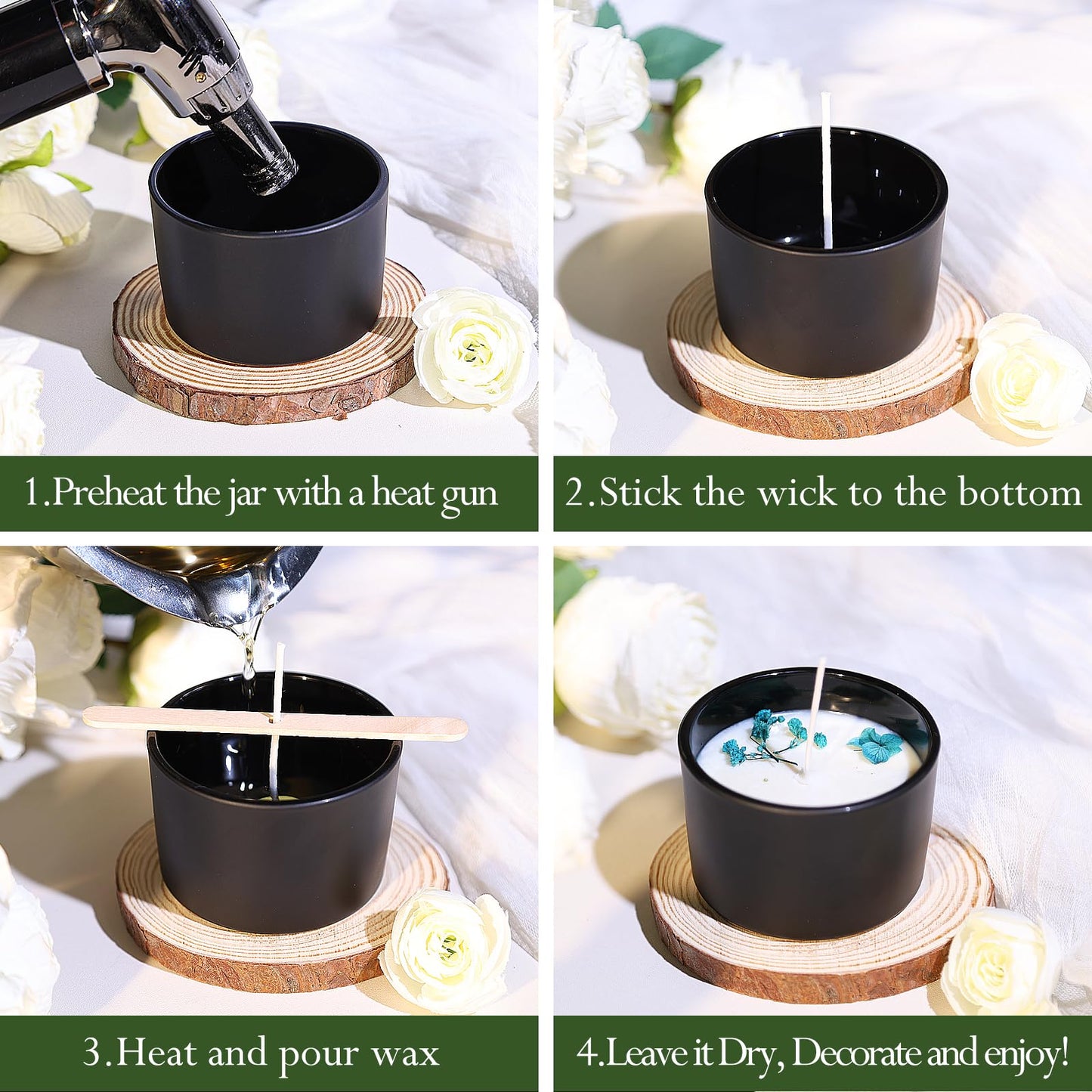 CONNOO 15 Pack 4 OZ Matte Black Glass Candle Jars with Airtight Bamboo Lids for Making Candles, Bulk Small Wide Mouth Empty Candle Containers with Sticky Warning Labels - Dishwasher Safe