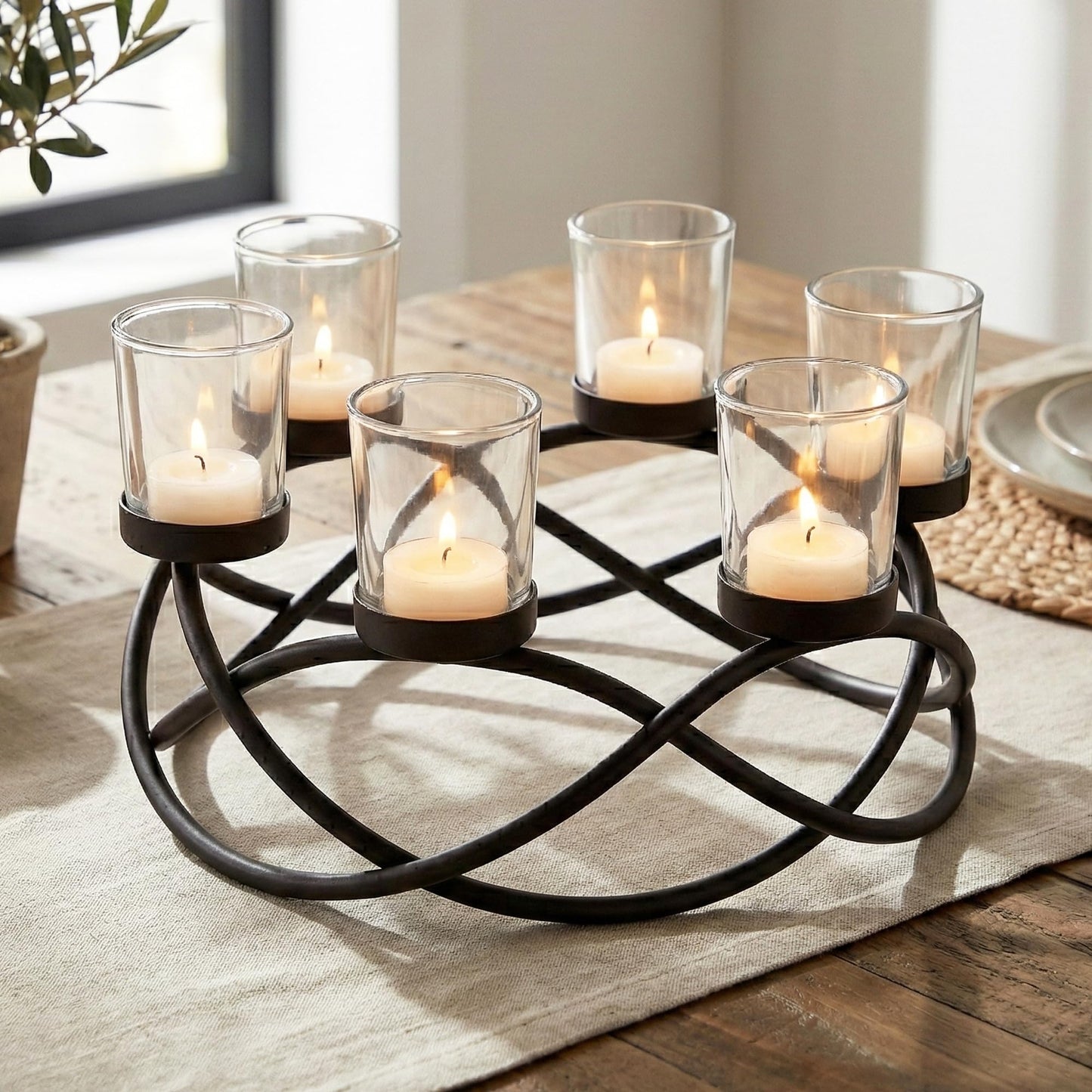 Seraphic Candle Holder Centerpiece for Tables, Outdoor Patio Umbrella Centerpieces, Round Dining Room Table Decor, Wrought Iron 6 Cup Candelabra, Modern Rustic Kitchen Island Tabletop, Black/Clear