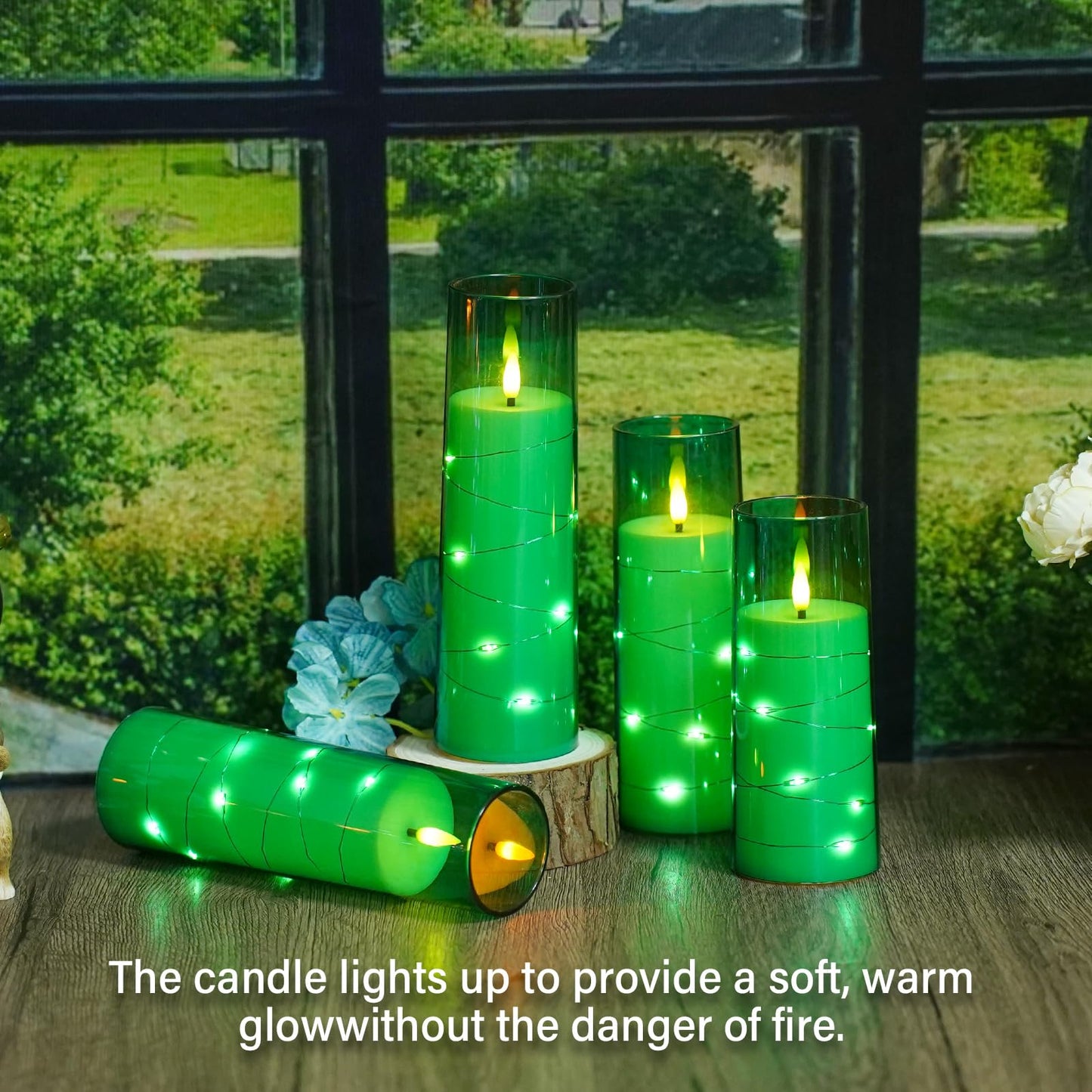 Flameless Candles,with Embedded Star String, Battery Operated Candles Flickering LED Pillar Candles with Remote Control and Timer, Home Decoration Add a Warm and Romantic Atmosphere，Set of 7 (Green)