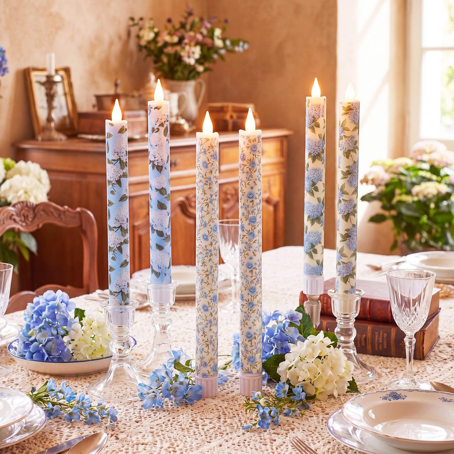 Lyrow 6 Pcs Blue Floral Flameless Taper Candles 11 Inch Hydrangea Flameless Candles Real Wax LED Candle Flickering Battery Operated Candlesticks for Wedding Anniversary Summer Gifts