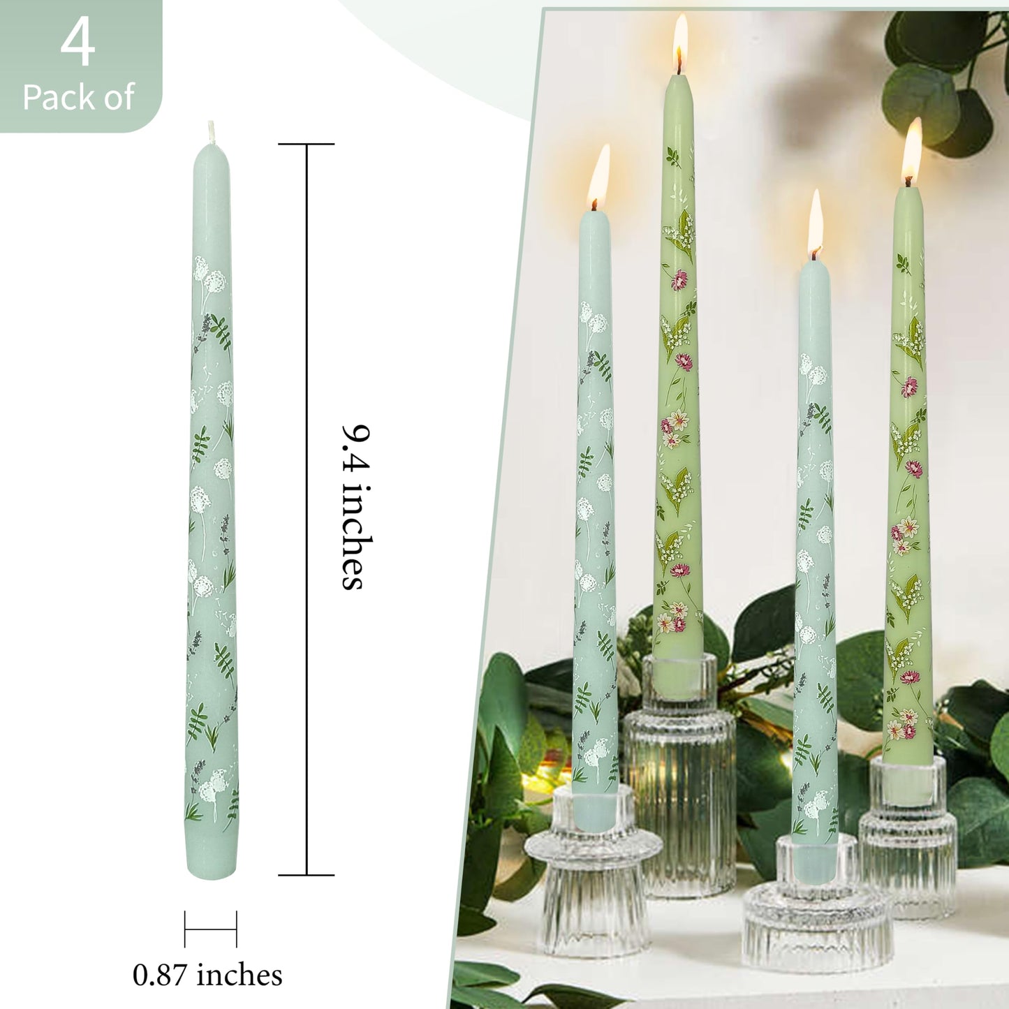 Printed Taper Candle Dripless Candles Sticks - 4 pcs Handmade Green Taper Candle 10 inches Long Tapered Candles for Home Party Wedding Restaurant Holiday Decor