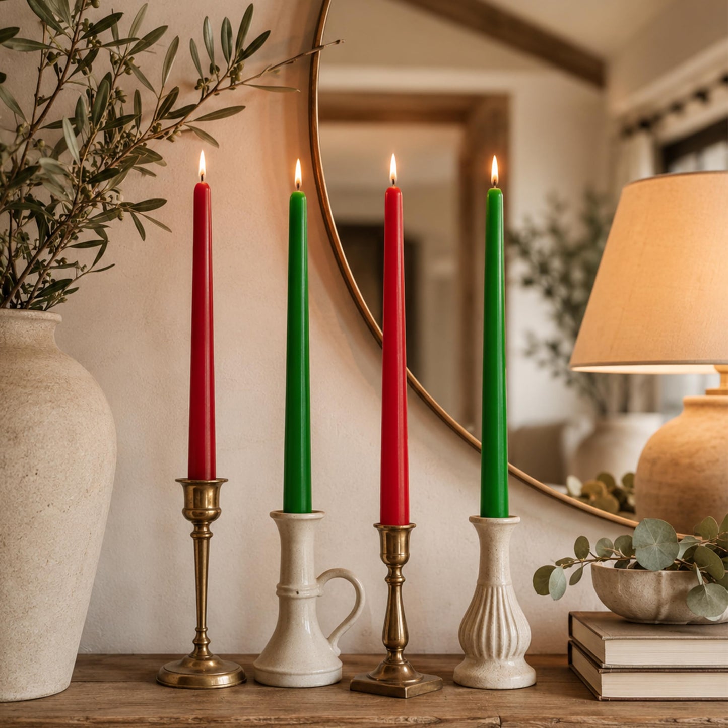 10 Inch Red and Green Taper Candles Set of 4, Handmade Unscented Dinner Candles for Candlestick Holders, Christmas Holiday Wedding Table Centerpiece Decor