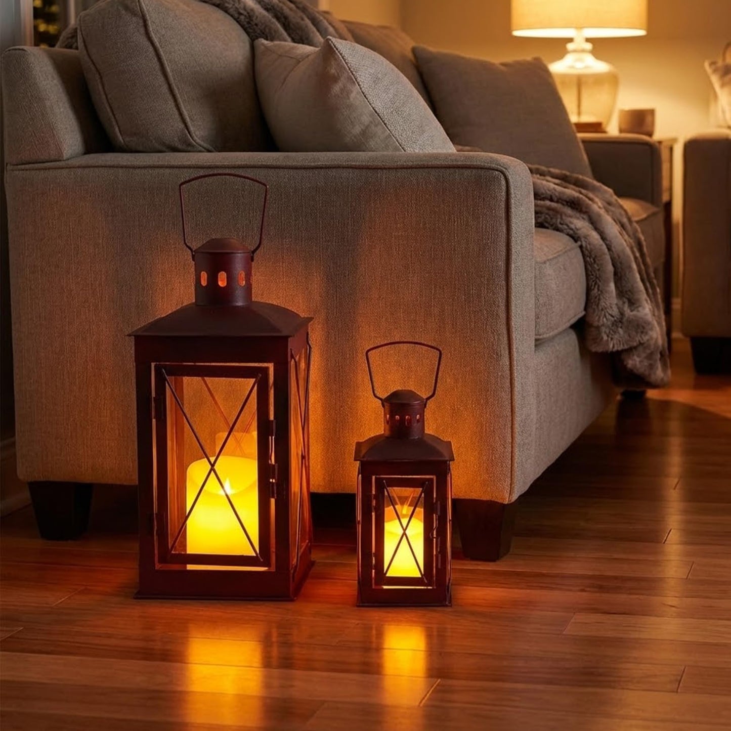 TRIROCKS Set of 2 Decorative Candle Lantern 14/10'' High Metal Candle Holder Hanging Lantern Perfect for Home Decor Patio Living Room Parties Events Tabletop Indoors Outdoors (Red)