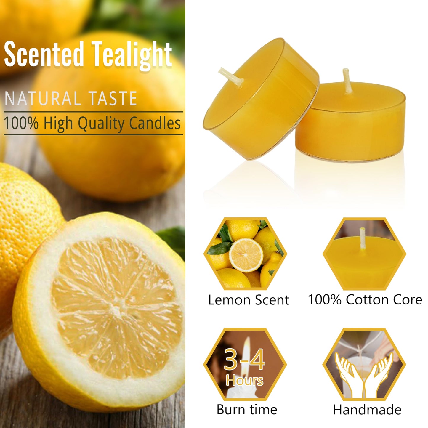 Yellow Candles Tea Lights Smokeless Lemon Scent Tealight Candles Handmade Tealights Set of 24 Long Burning for Wedding Meditation Dinner Home Decor