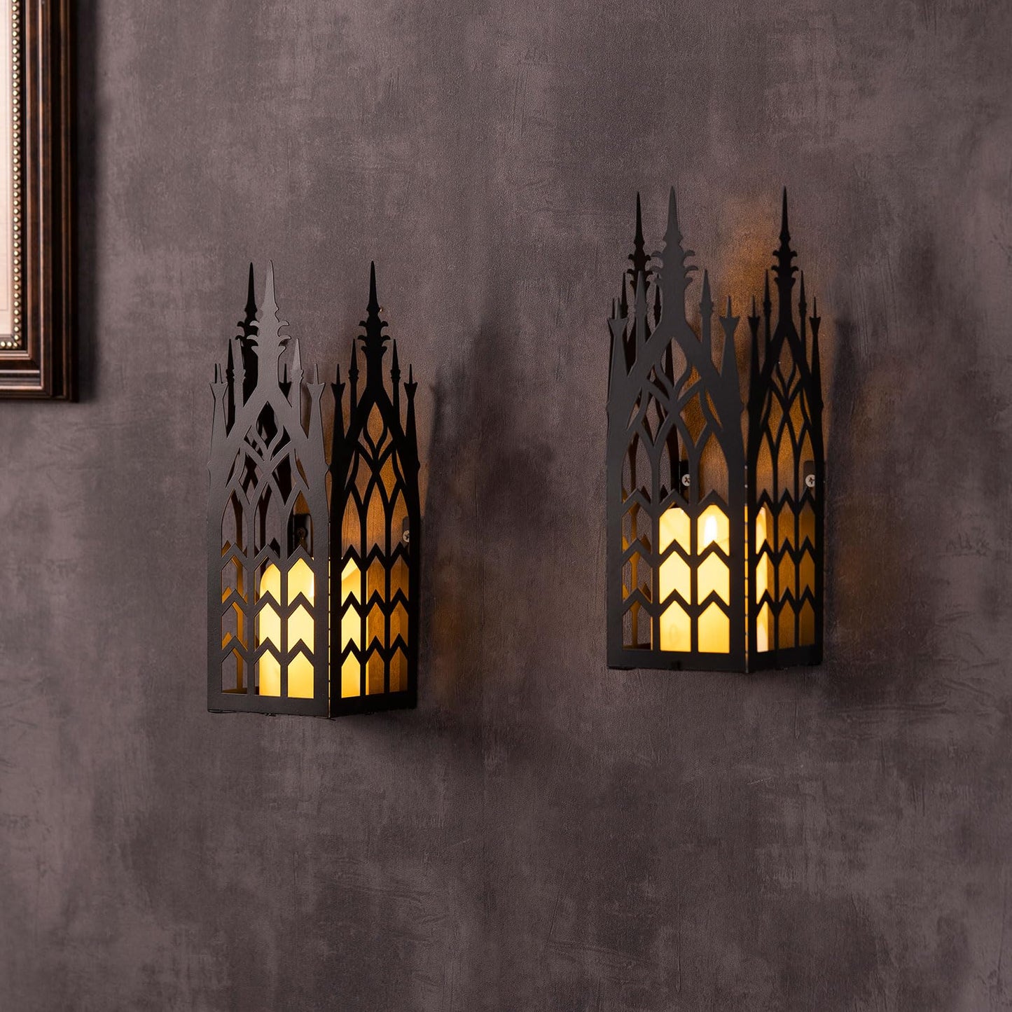 AIM & GGKK Wall Candle Sconce Holder,Set of 2 Gothic Cathedral Wall Sconce with Window Design,Black Metal Wall Mount Candle Holder for Living Room, Dining Room,Rustic Farmhouse Decorations
