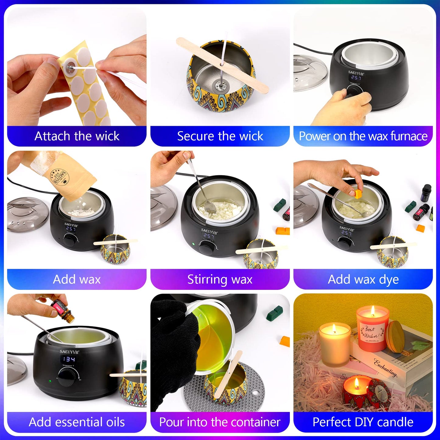 SAEUYVB Candle Making Kit,Candle Making Kit for Adult with Wax Melting Pot,DIY Starter Soy Candle Making Supplies/Kit - Perfect as Home Decorations