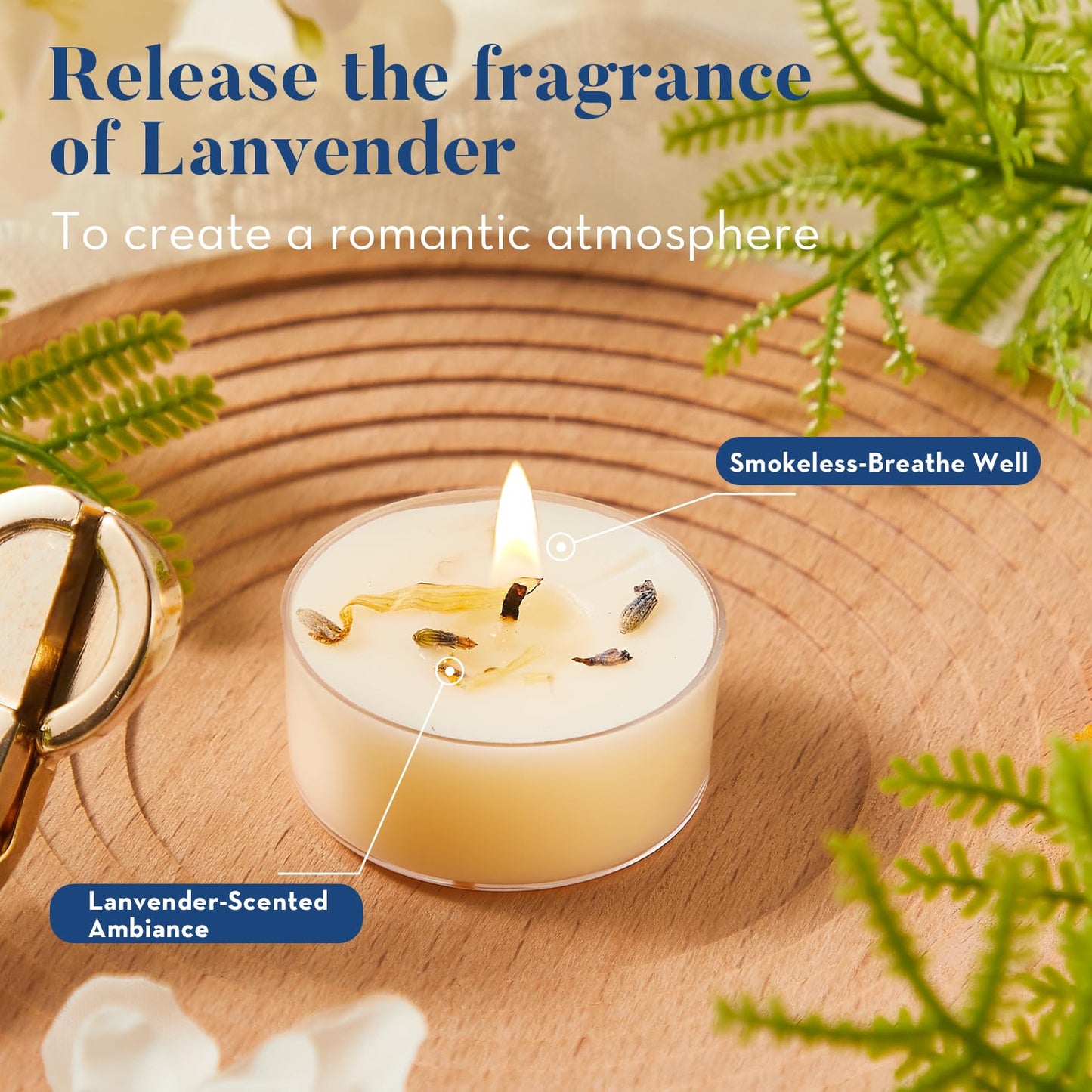 Crenovo Lavender Scented Tealight Candles with Dried Flowers, 4 Hours Non-Toxic Tea Lights, 100% Soy Wax Candles Bulk for Wedding, Spa, Bath, and Home Decor, 16 Pack