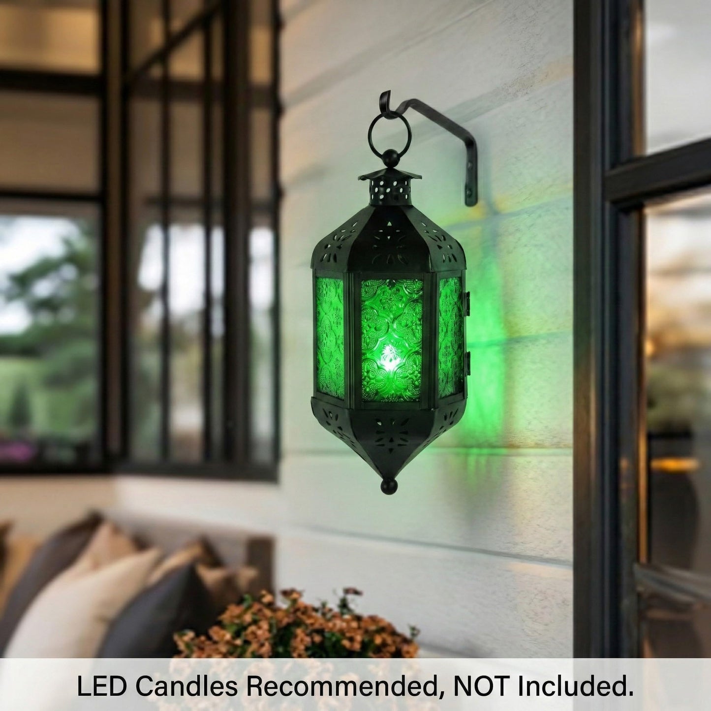 Vela Lanterns Hanging Moroccan Lamp - Exotic Decorative Patio & Porch Decor, Indoor Outdoor Tea Light Candle Lantern Holder with Chain (11" Medium, Green Glass)