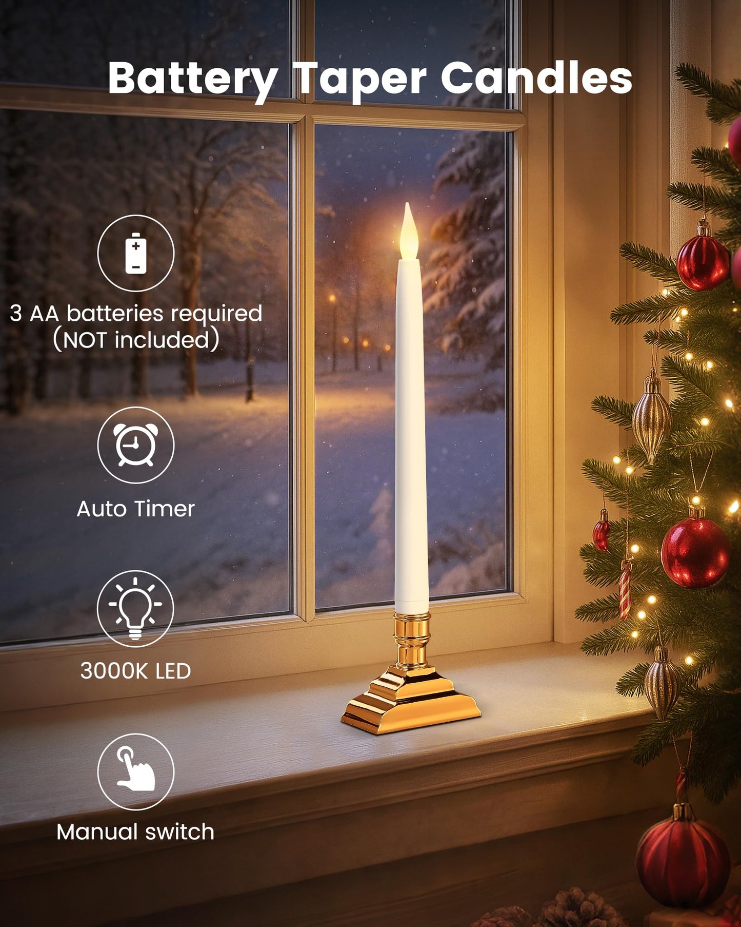 SURAIELEC 10.5'' Battery Window Taper Candles with Timer, 3000K Warm White, Flameless LED Candle for Christmas Window, Mantel, Dining Table, Gloss Gold, 4 Pack (Rechargeable Battery Not Compatible)
