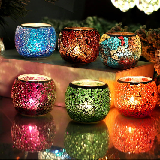 Glass Votive Candle Holders for Table Centerpiece,(NO Candle NO LED) Vintage Mosaic Tea Light Holder Bulk for Home Decoration,Valentine's Day,Christmas Party Decor Set of 6PC (Multi-Color)