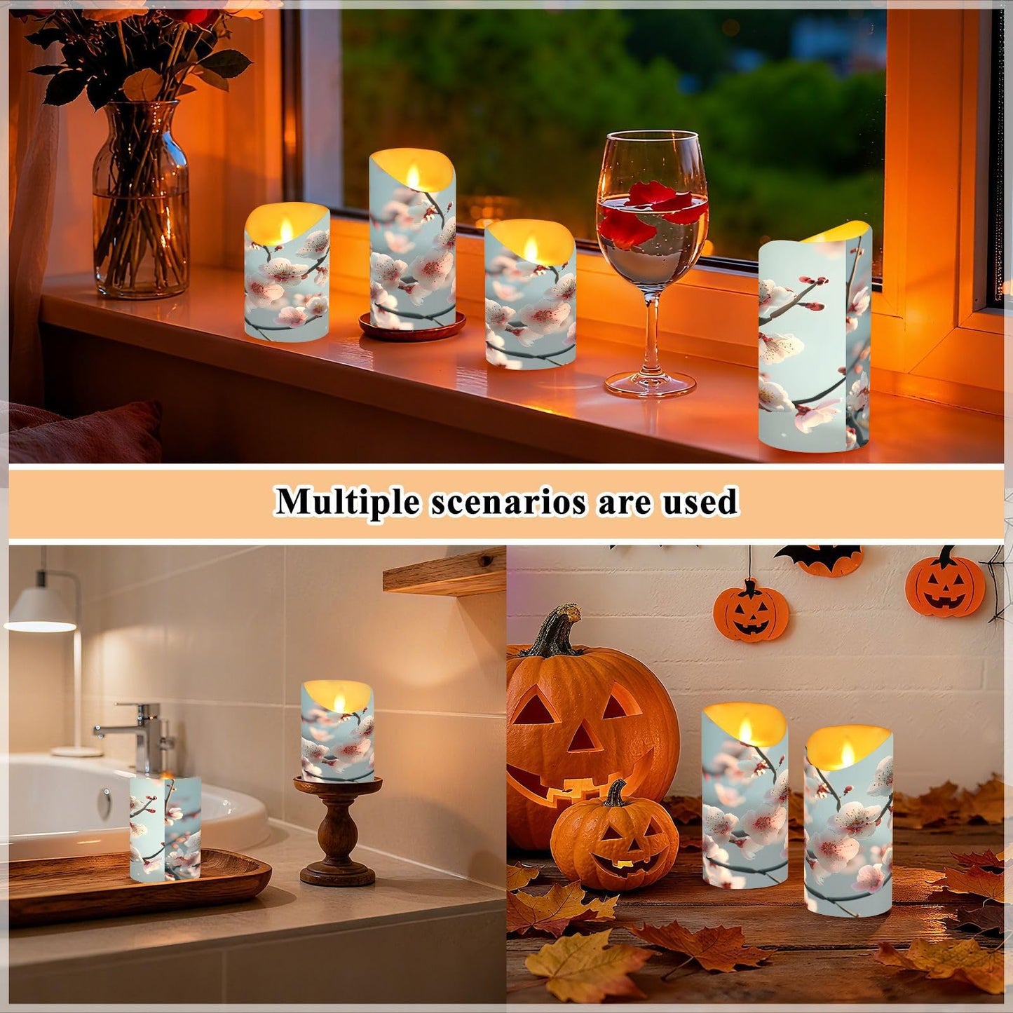 ALAZA Spring Pink White Flower Branches Flickering Flameless Candles Battery Operated with Remote Timer,Tea Light Candles LED Pillar Votive Set of 2 for Outdoor Indoor Decorations 3" x3.9"