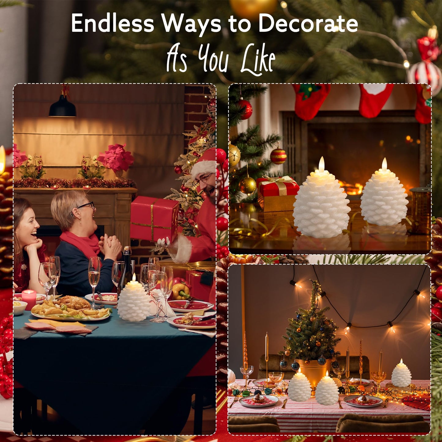 AFINETH Christmas Flameless Pinecone Candles with Remote, Real Wax Battery Operated Pine Cone Candles, 2 Pack Flickering Led Candle Christmas Decorations for Winter Home Holiday Xmas Gift, White