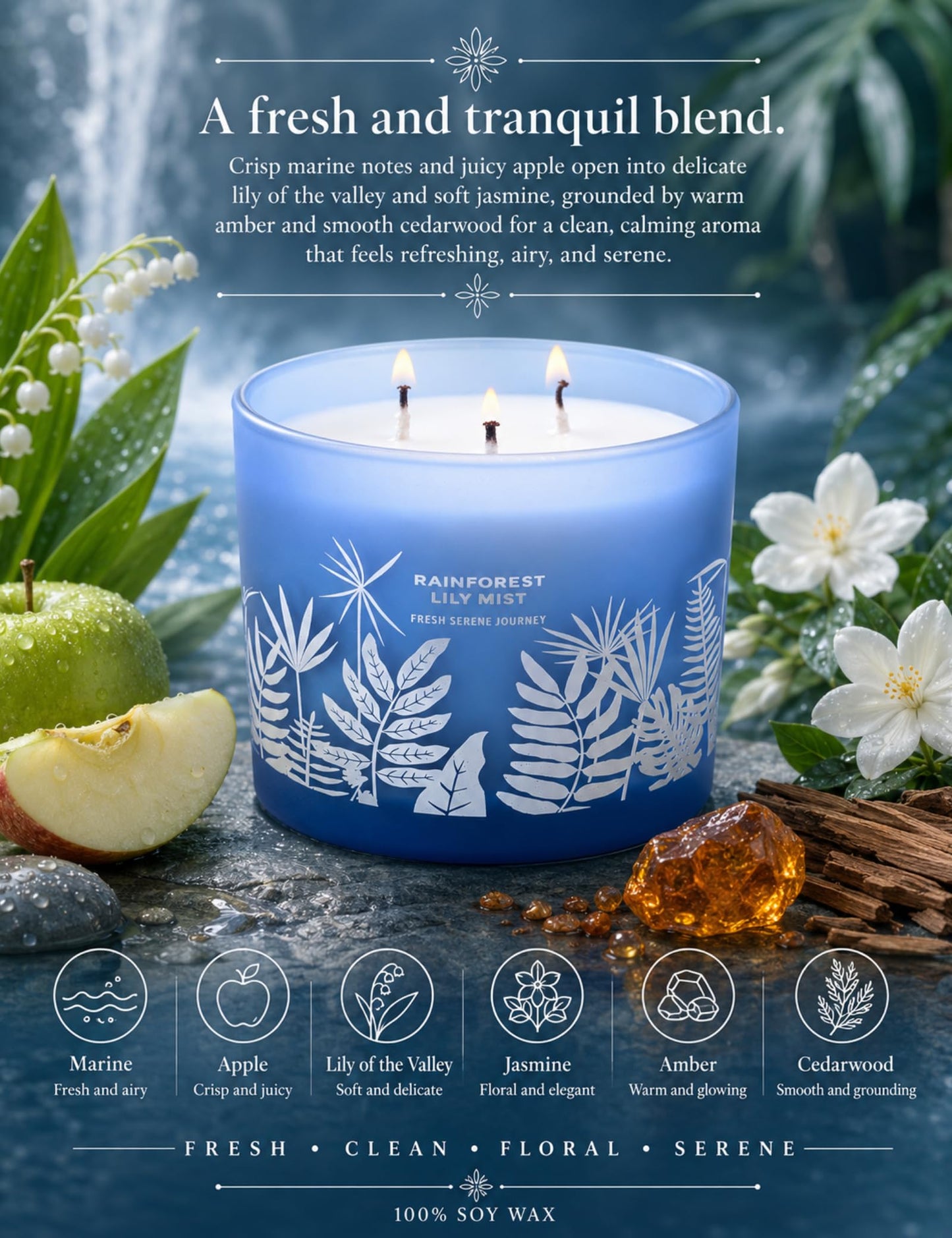 Large 3 Wick Scented Soy Candle for Home | Rainforest Lily Mist | 14.5oz Aromatherapy Spa Candle | Fresh Rain, Lily of the Valley, Jasmine & Cedarwood | Clean Burn Long Lasting | Gift for Women & Men