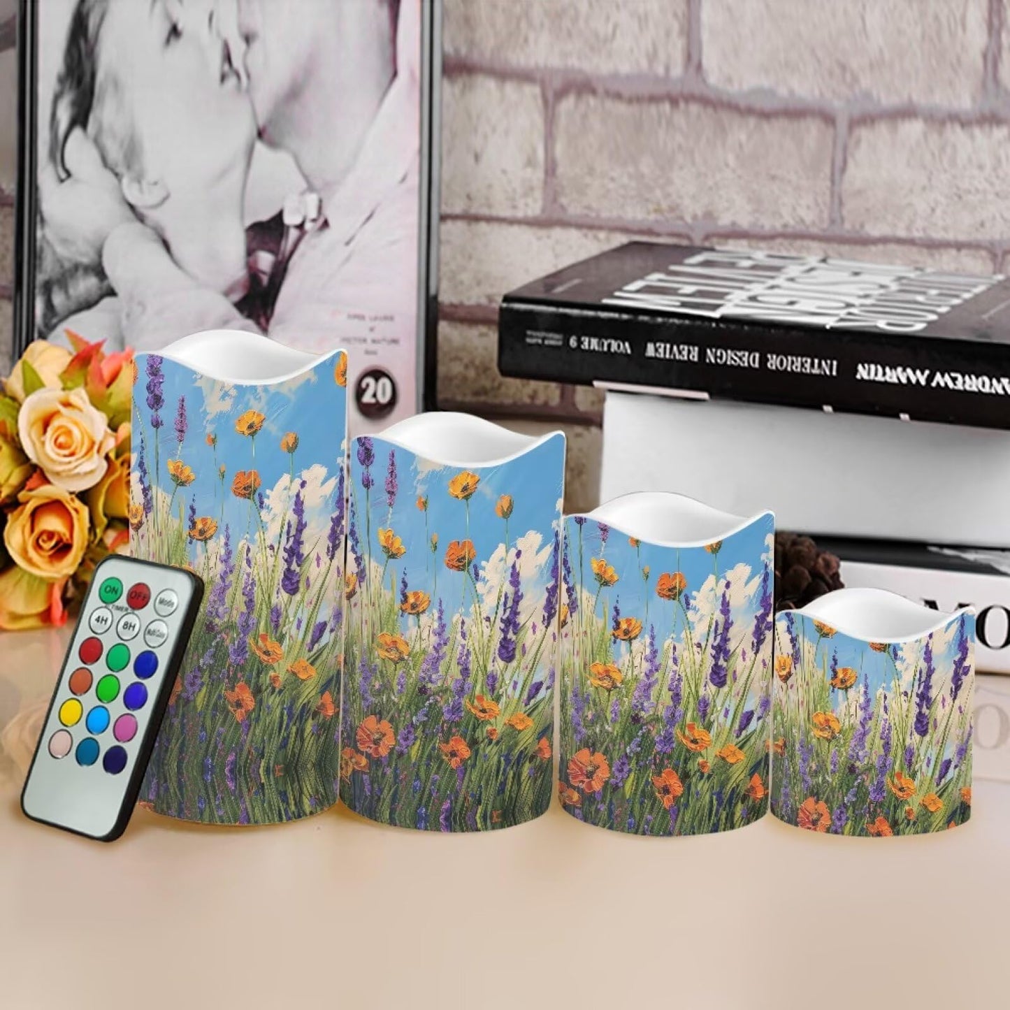 Cozeyat Meadow Floral Flameless Candles 4 Pack Battery Operated LED Pillar Candles with Remote Control Timer Color Changing for Wedding Birthday Home
