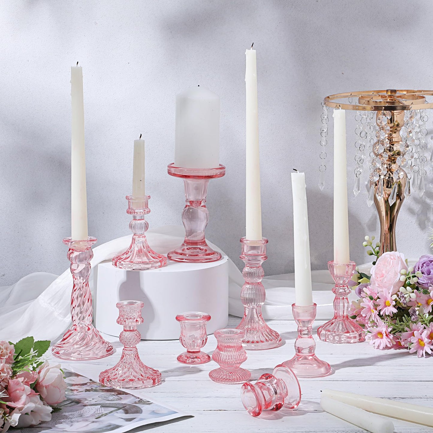 Mumufy 20 Pcs Glass Crystal Taper Candle Holders Clear Glass Candlestick Holder Fit 0.8 Inch Candles Crystal Decorative Candle Stand Centerpiece Table Wedding Dining Party(Pink)