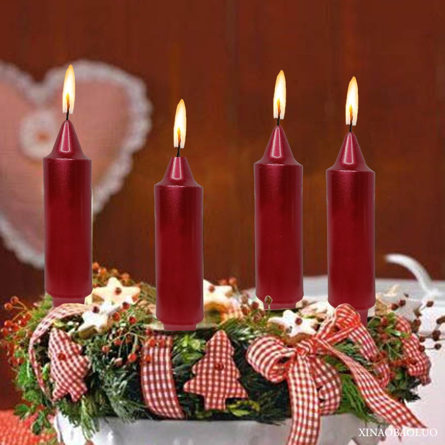 Christmas Metallic Red Candle 5 Inch Short Smokeless Taper Candles 4 Pack Unscented Dinner Candle for Christmas Dinner