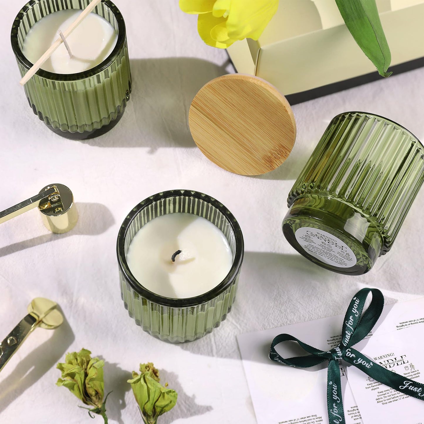 DEVI 7oz Empty Green Ribbed Glass Candle Jars - Set of 8, Glass Candle Containers with Bamboo Lids, Bulk Supplies for Gifts & Wedding Decorations
