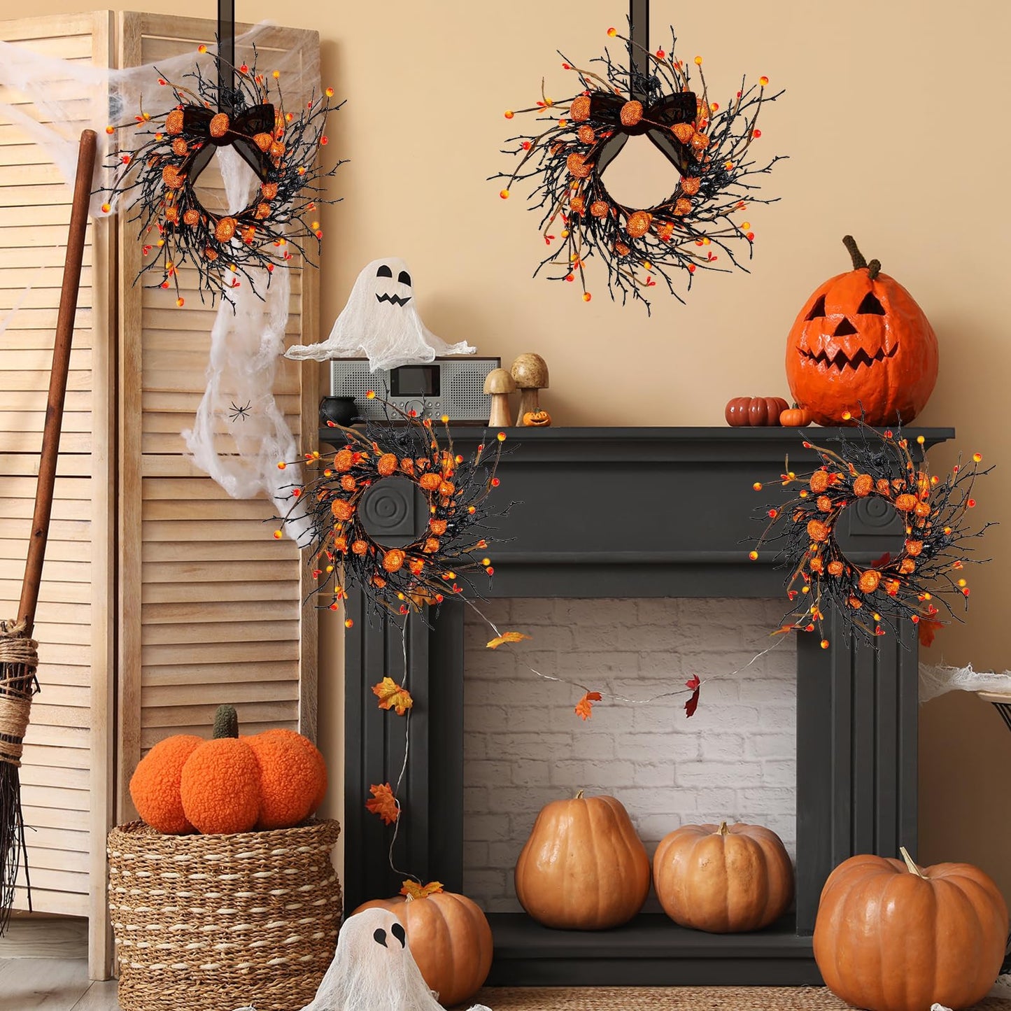 8 PCS Halloween Candle Rings Wreaths Black Orange Berries & Pumpkin Candle Rings Mini Wreath 3.5 Inch Center for Pillar Candle Halloween Fall Thanksgiving Party Home Table Indoor Decorations