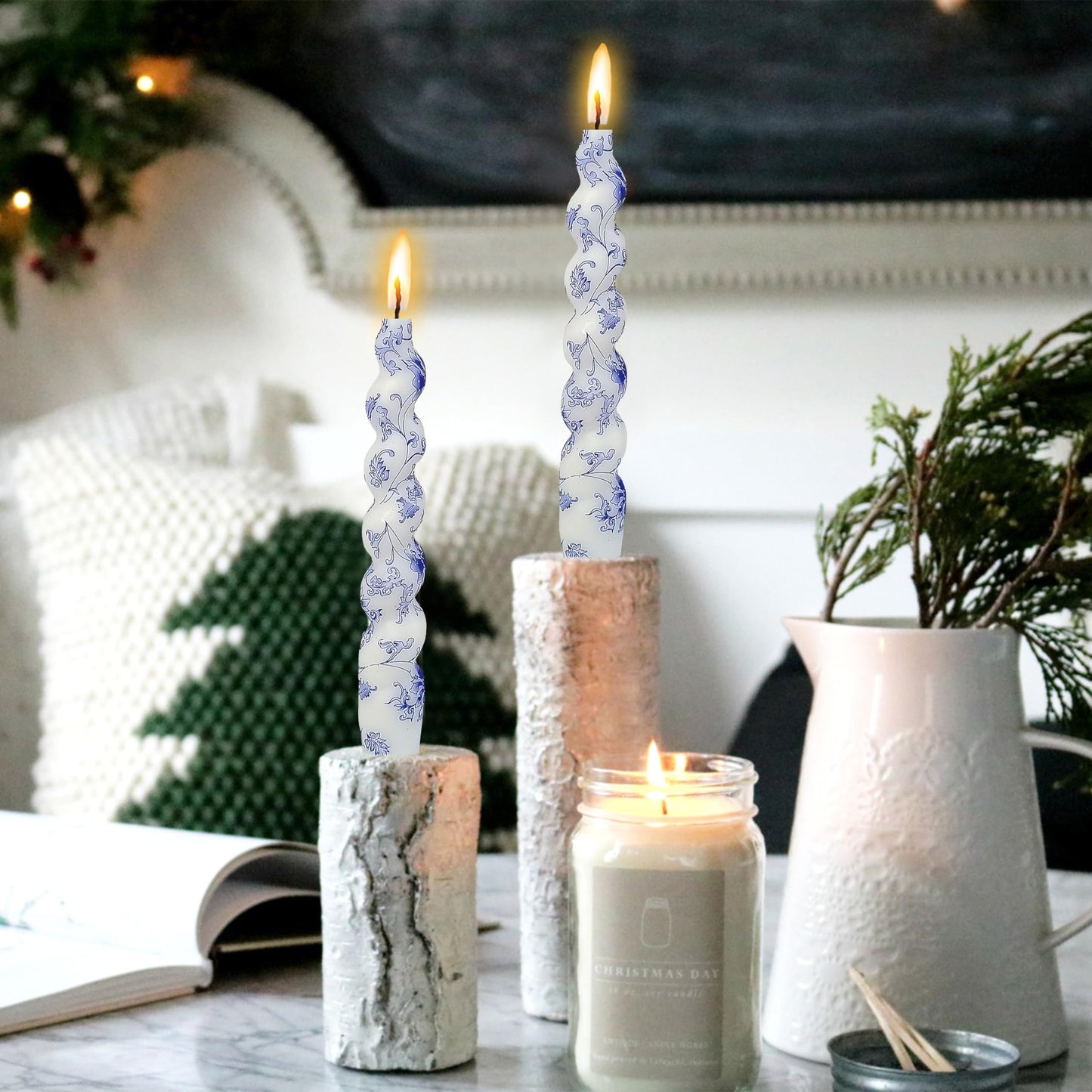 Spiral Candles Printed Candlestick 7.5 inch Short Taper Candle Blue &White Twisted Candlesticks 2 PCS Tapered Candles for Home Wedding Dinner Holiday Party