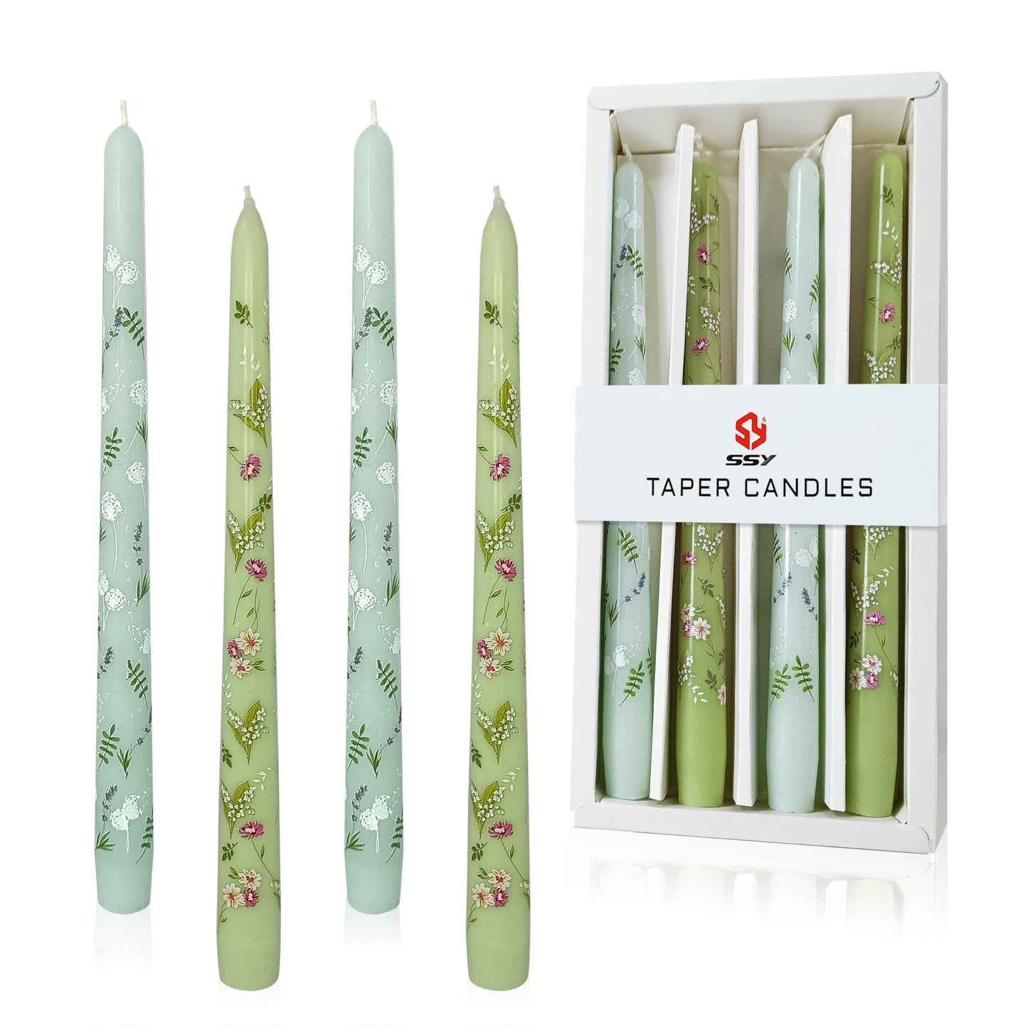 Printed Taper Candle Dripless Candles Sticks - 4 pcs Handmade Green Taper Candle 10 inches Long Tapered Candles for Home Party Wedding Restaurant Holiday Decor