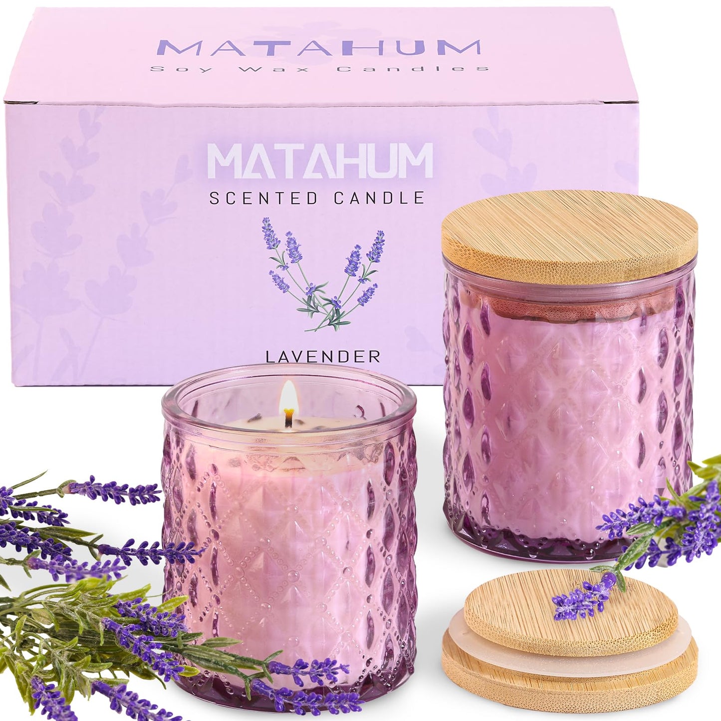 MATAHUM 2 Pack Lavender Scented Candles for Home Decor, 6.5oz Natural Soy Wax Aromatherapy Jar Candles, Lavender Candle for Relaxing Meditation, Birthday Housewarming Giftable for Women