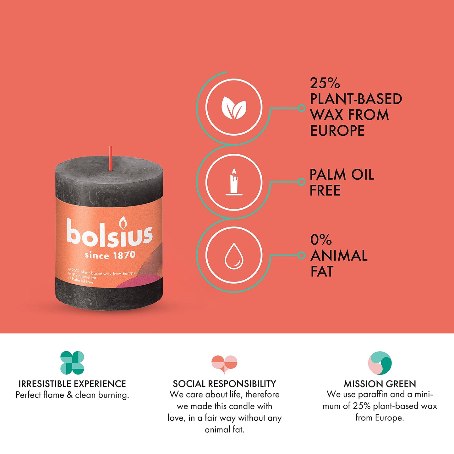 BOLSIUS 4 Pack Black (Stormy Gray) Rustic Pillar Candles - 2.75 X 3.25 Inches - Premium European Quality - Includes Natural Plant-Based Wax - Unscented Dripless Smokeless 35 Hour Spa Décor Candles